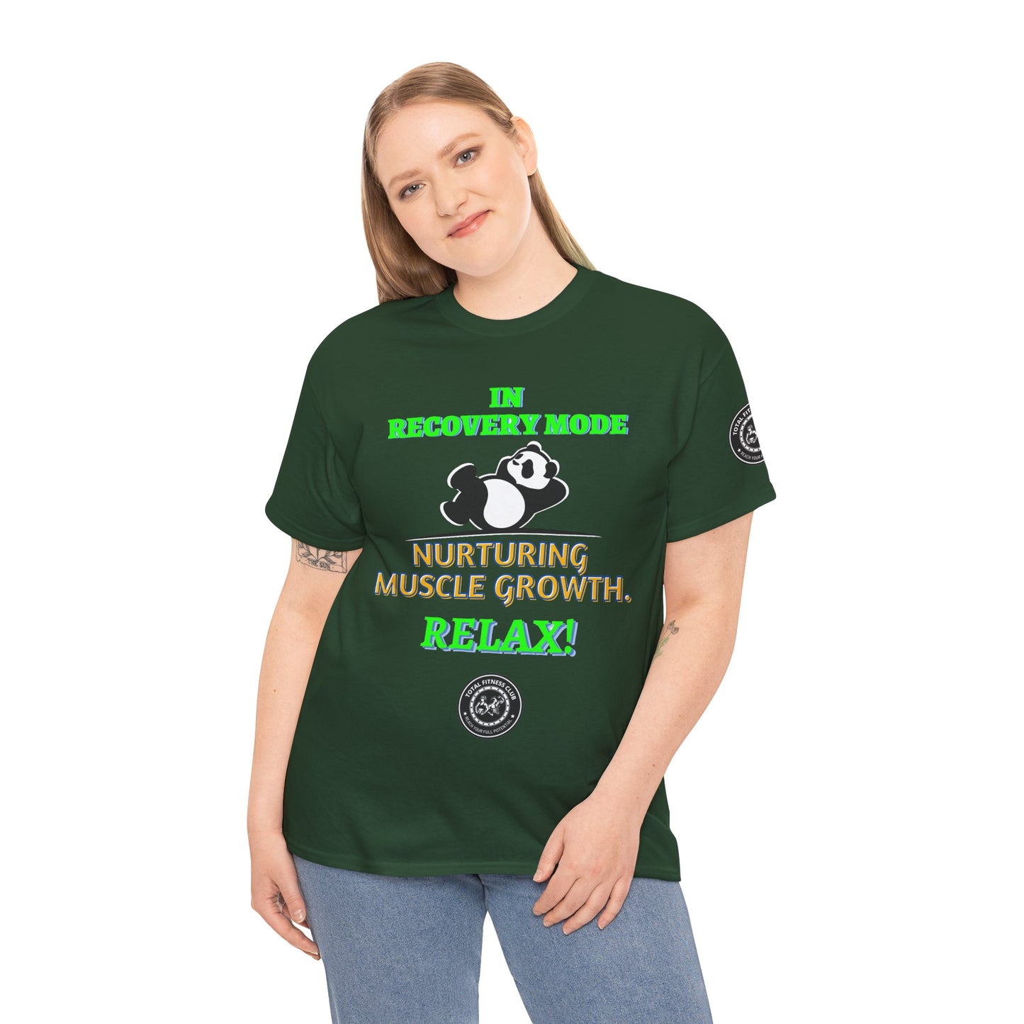 Fitness Funny Quotes T-shirt - Relax for Muscle Growth. Person wearing a green t-shirt with humorous text and graphics on a white background