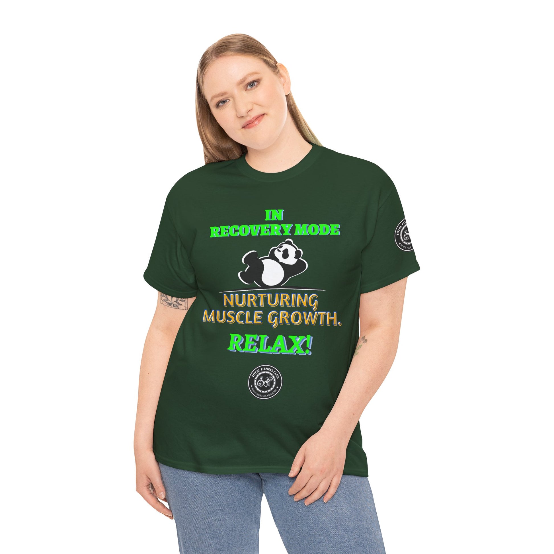 Fitness Funny Quotes T-shirt - Relax for Muscle Growth. Person wearing a green t-shirt with humorous text and graphics on a white background