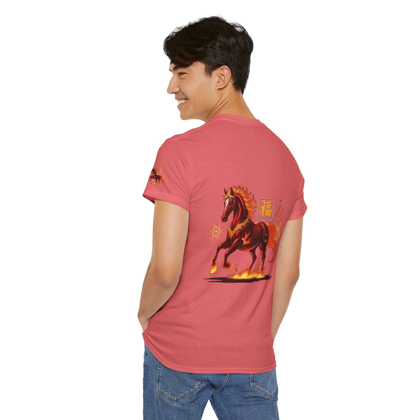 Lunar New Year Fiery Horse Novelty T-Shirt, Person wearing a red t-shirt with a horse graphic on the back, standing against a white background