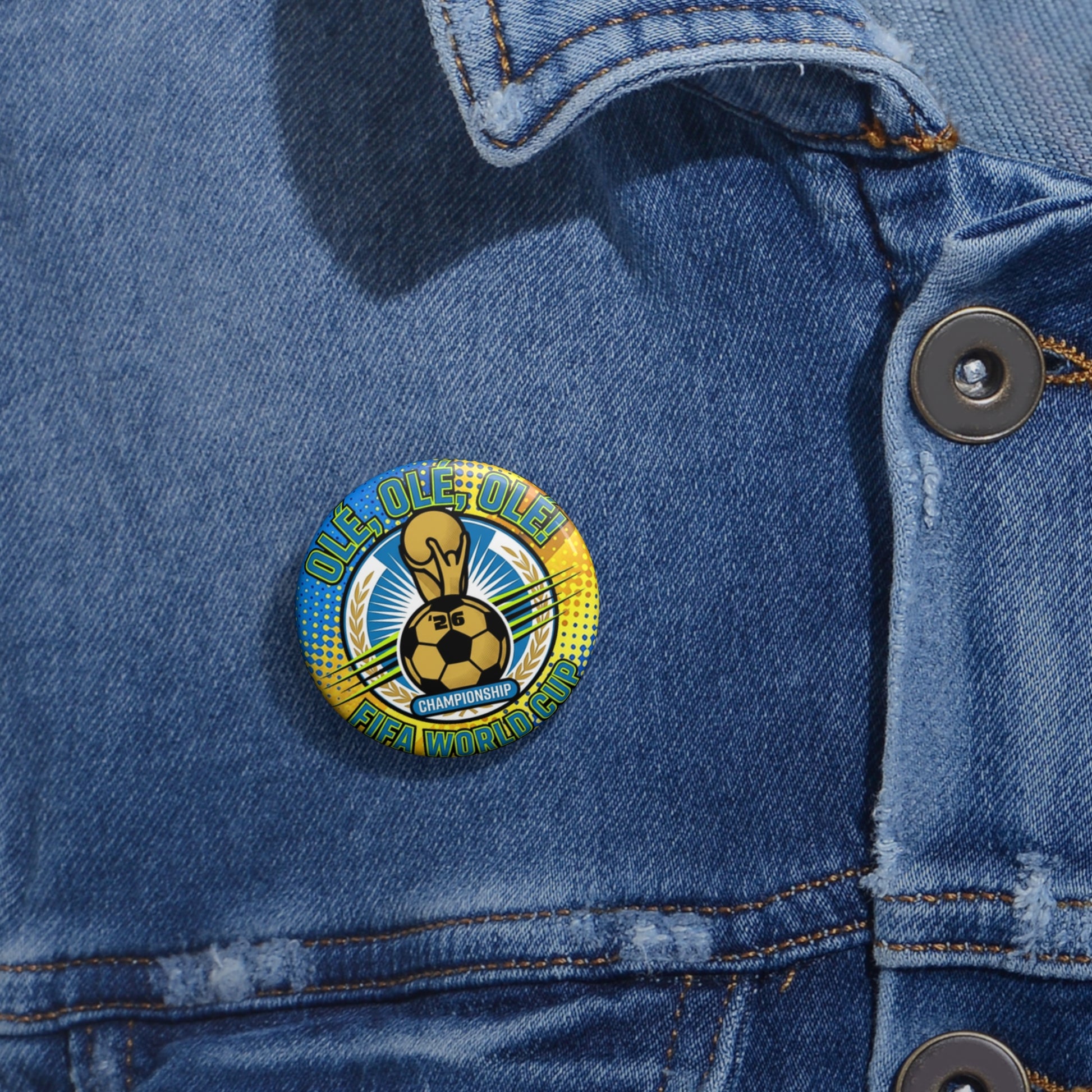 FIFA World Cup Soccer Pin Button , Close-up of a denim jacket with a colorful badge featuring a soccer ball.
