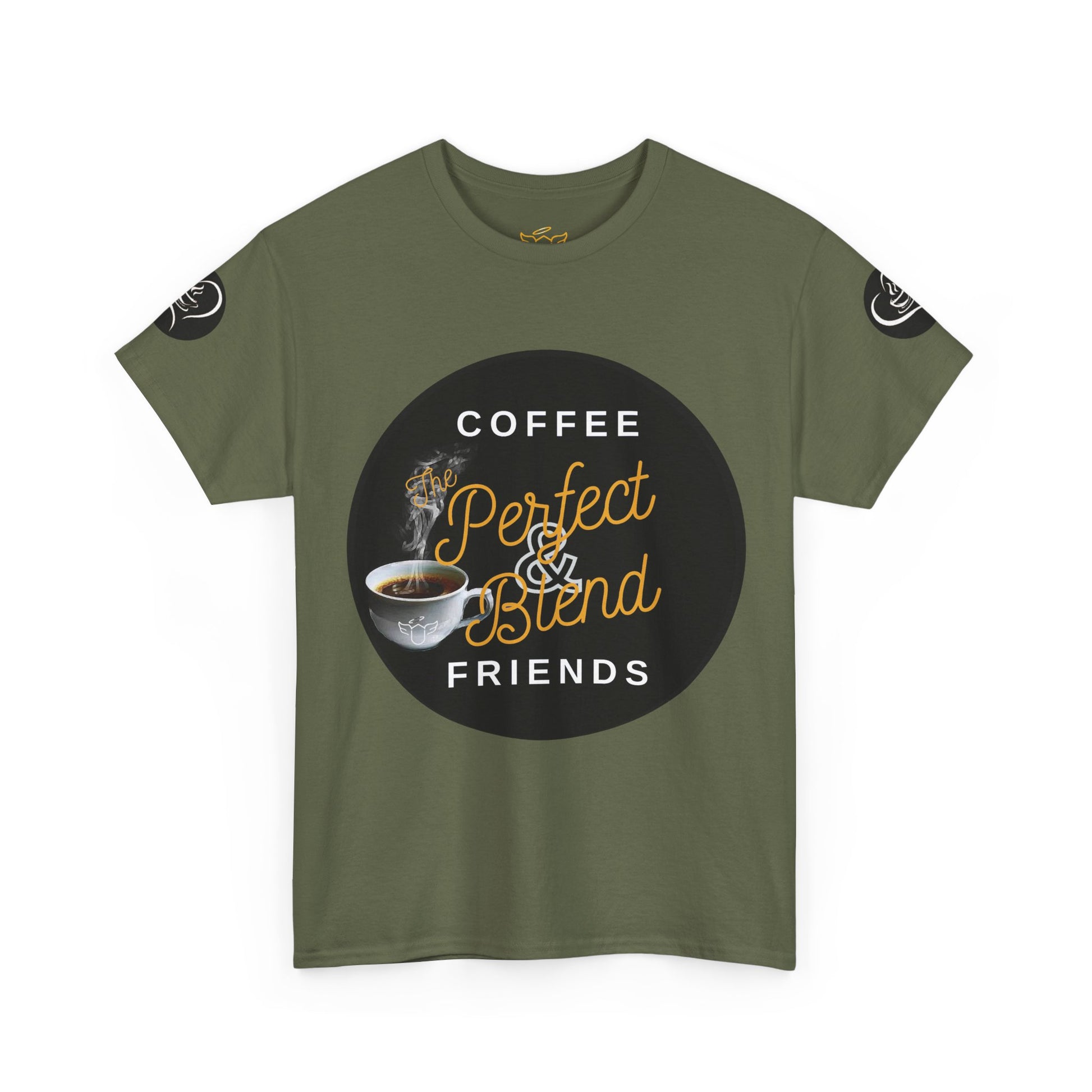 Coffee Lovers Cotton T-shirt, Green t-shirt with coffee-themed graphic and text on a white background