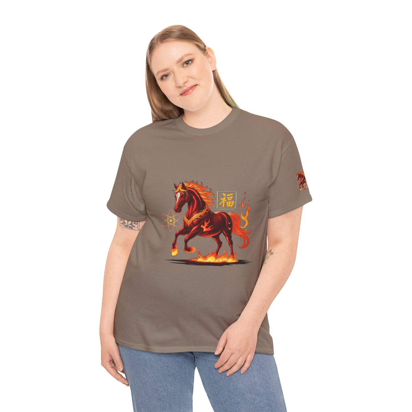 Lunar New Year Fiery Horse Novelty T-Shirt, Person wearing a brown t-shirt with a horse graphic and text on a white background