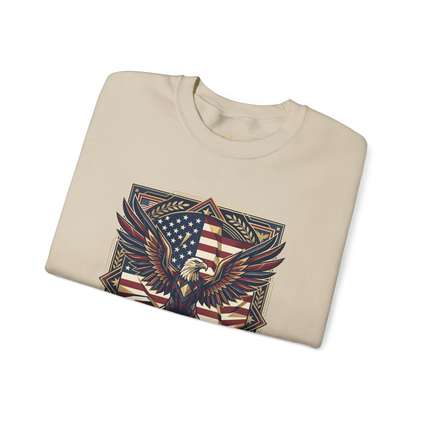 Folded beige sweatshirt with an eagle and American flag design on a white background