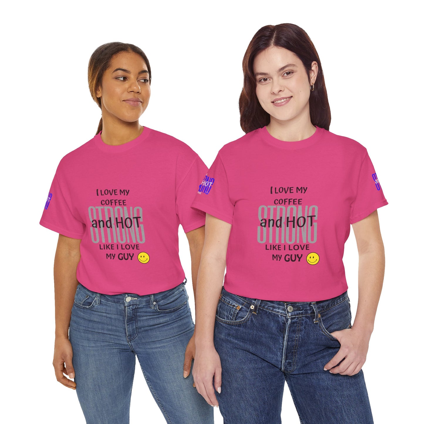 Coffee Lover Heavy Cotton Tee - I Love My Coffee Strong and Hot, Two people wearing pink t-shirts with a humorous message.