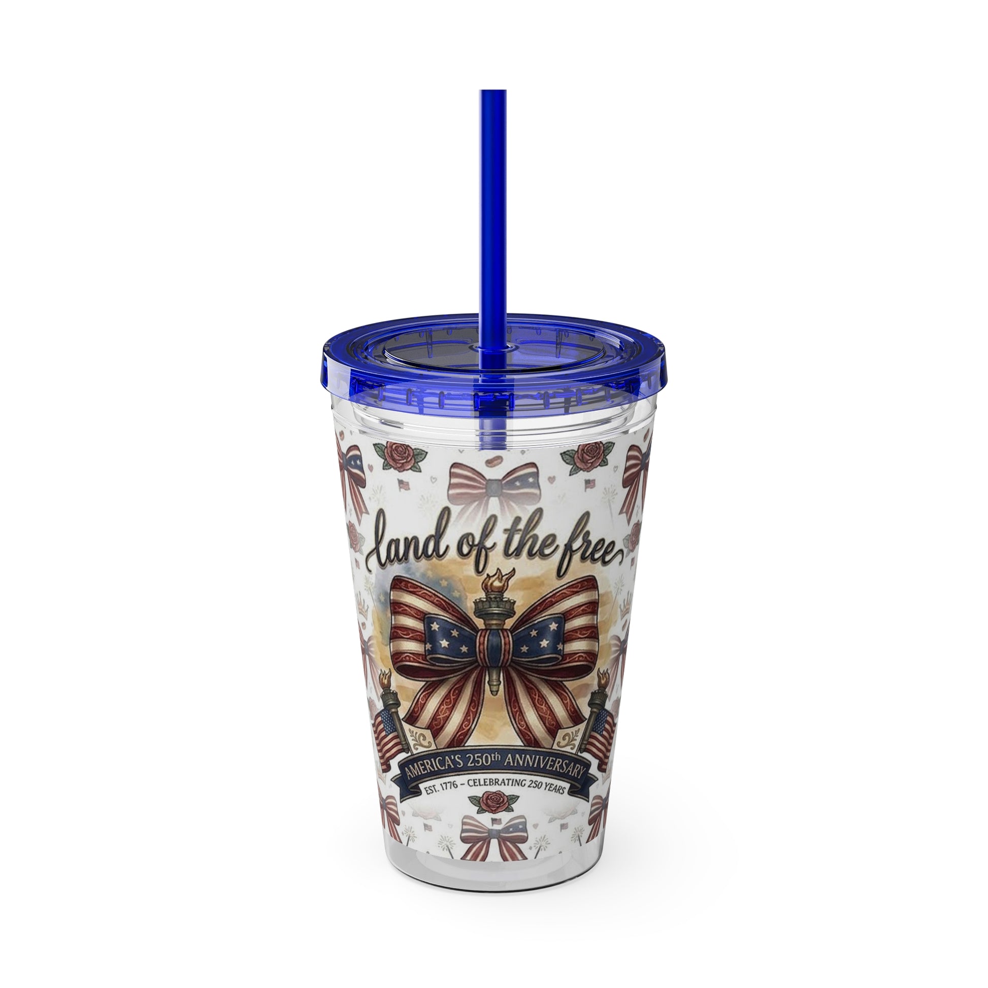 USA 250th ANNIVERSARY 16oz Tumbler with Straw | Patriotic 'Land of the Free' 16oz Tumbler with Straw - Trending Novelties & Gifts