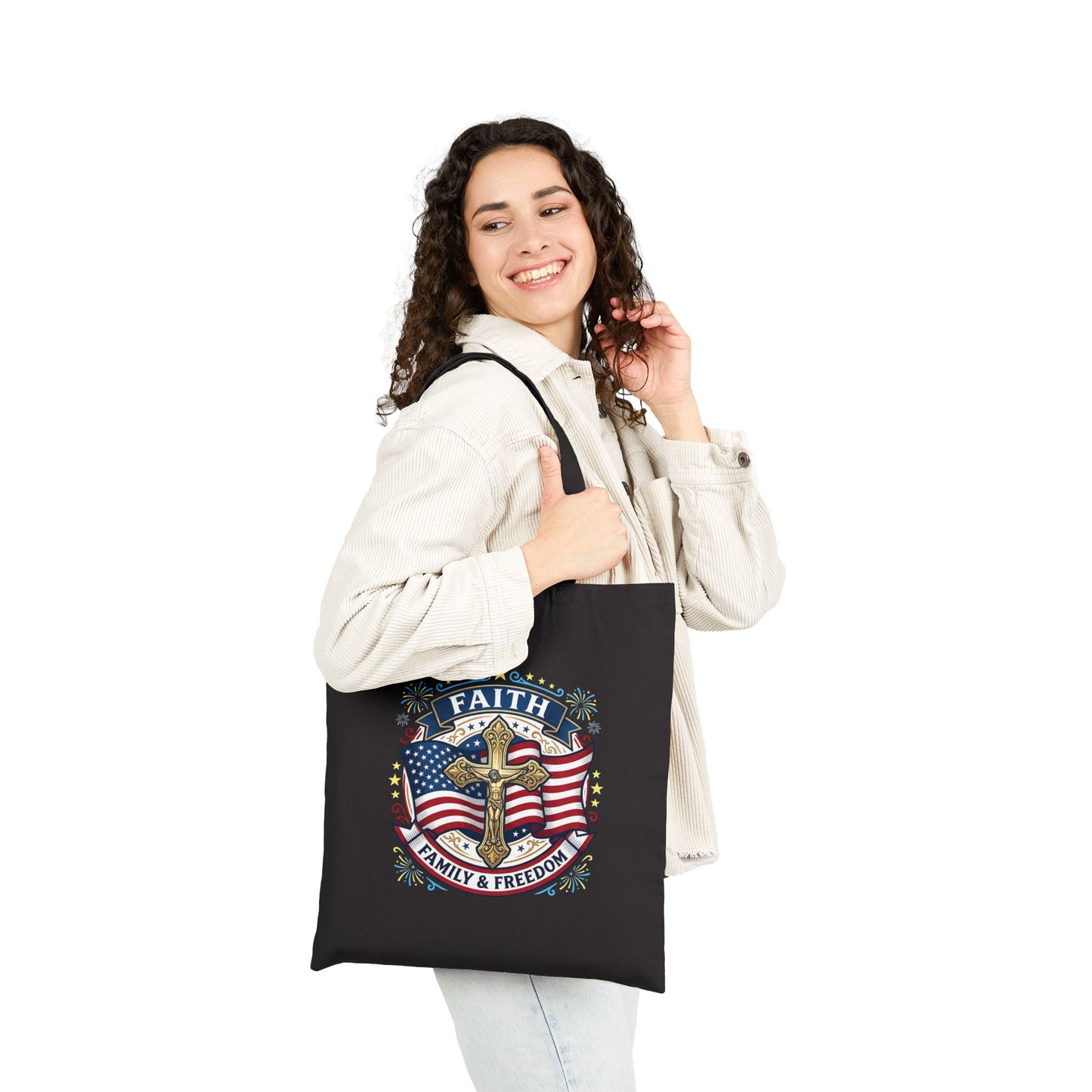 Catholic Faith, Family & Freedom Canvas Tote — Patriotic American Flag Shopping Bag (USA 250th)