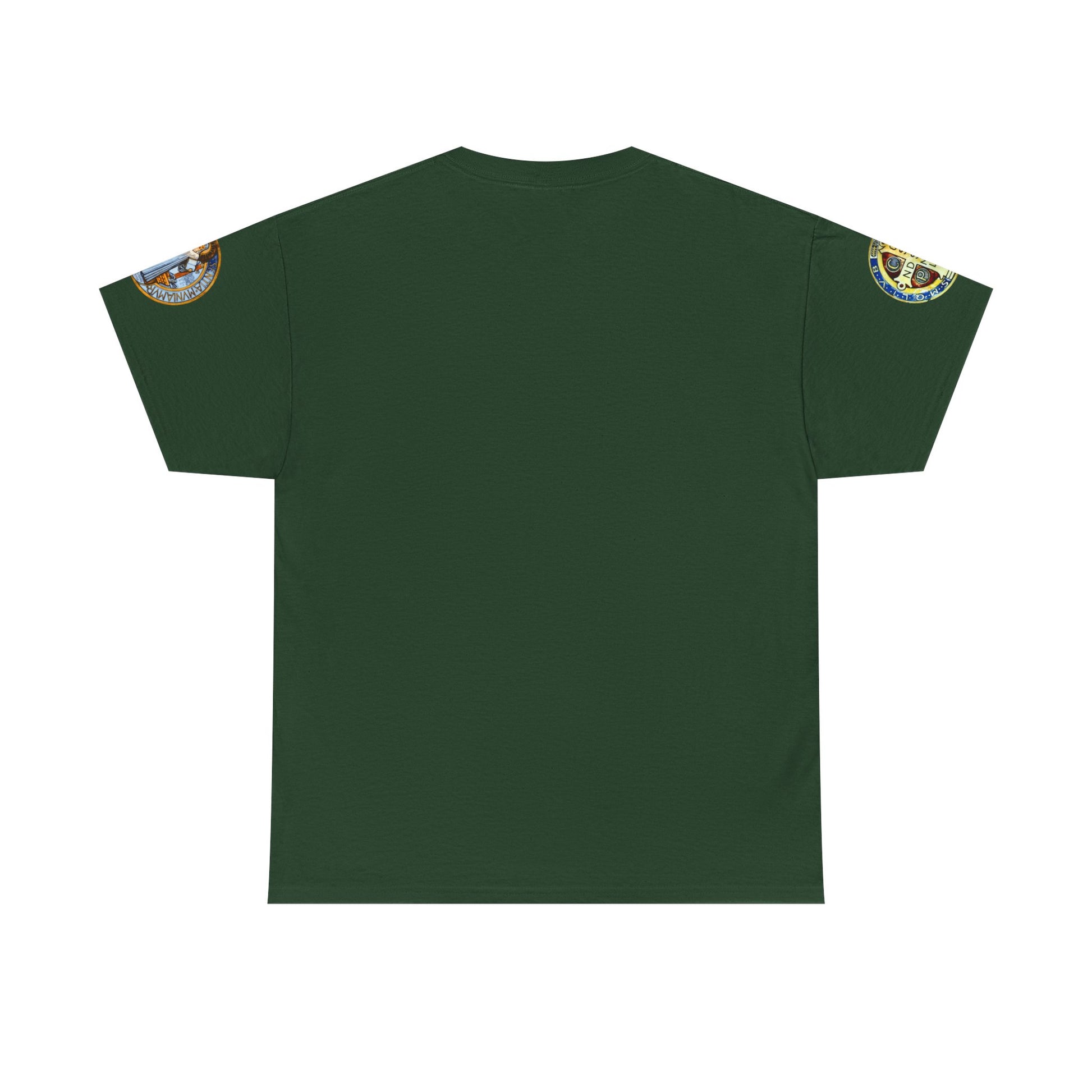 Saint Benedict Medal Unisex T-shirt, Green t-shirt with embroidered designs on sleeves against a white background