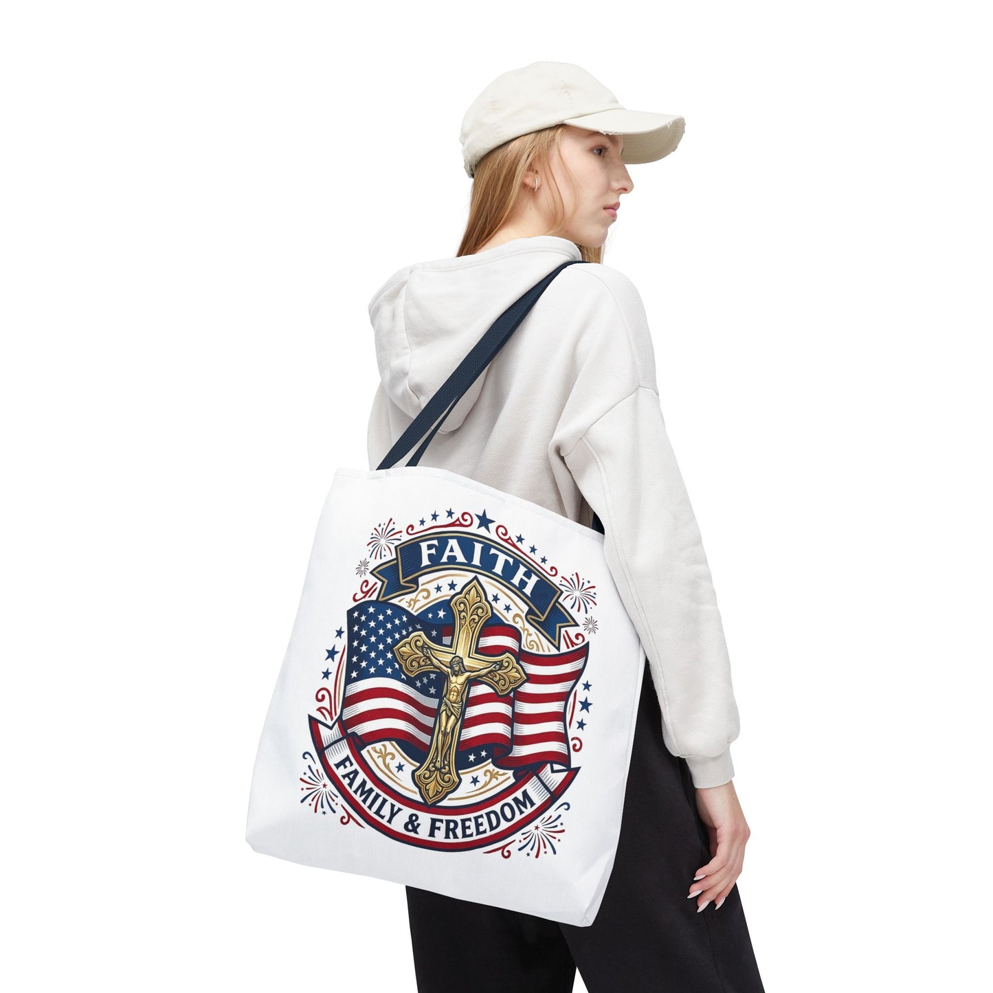 Faith, Family & Freedom Tote Bag — Patriotic Cross American Flag Tote (USA 250th)