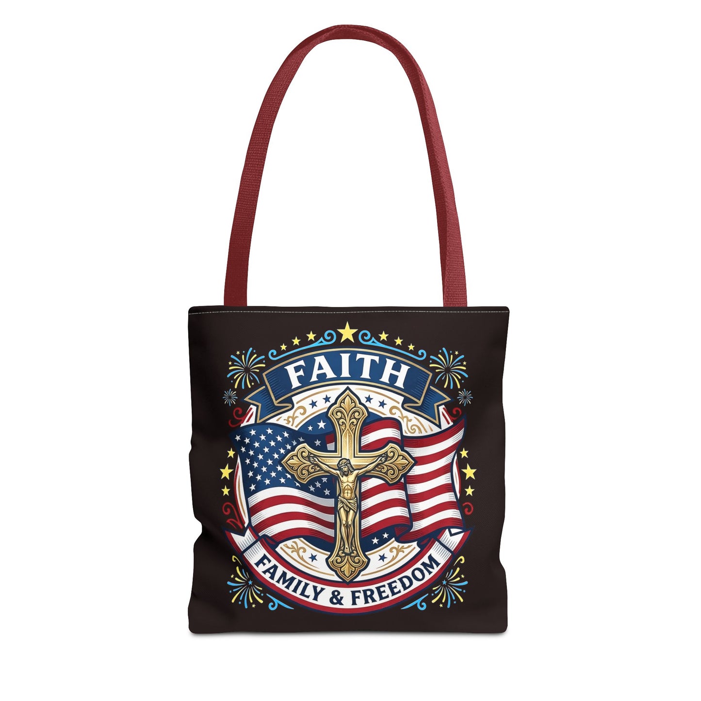 Faith, Family & Freedom Cross Bag — Patriotic American Flag Canvas Tote (USA 250th)