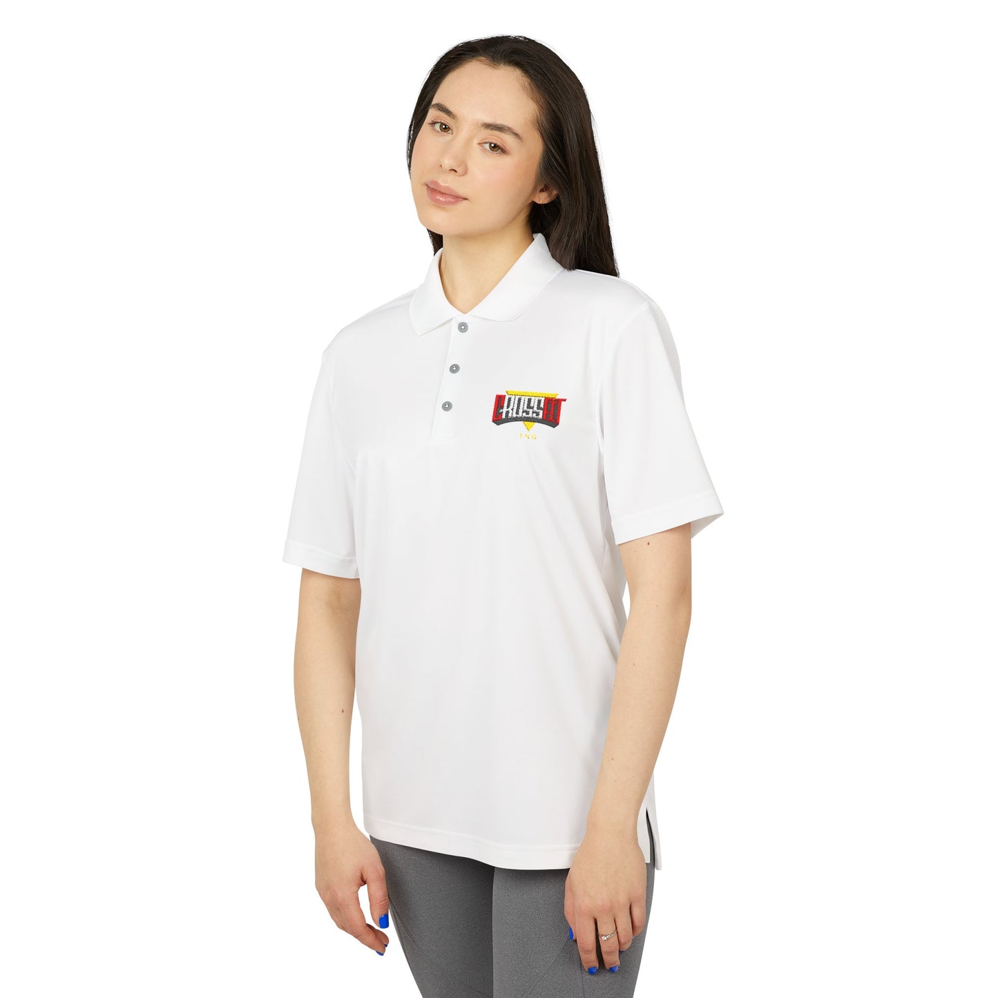 Adidas Sports Polo Shirt for CrossFit Enthusiasts, Woman wearing a white polo shirt with a logo on a white background