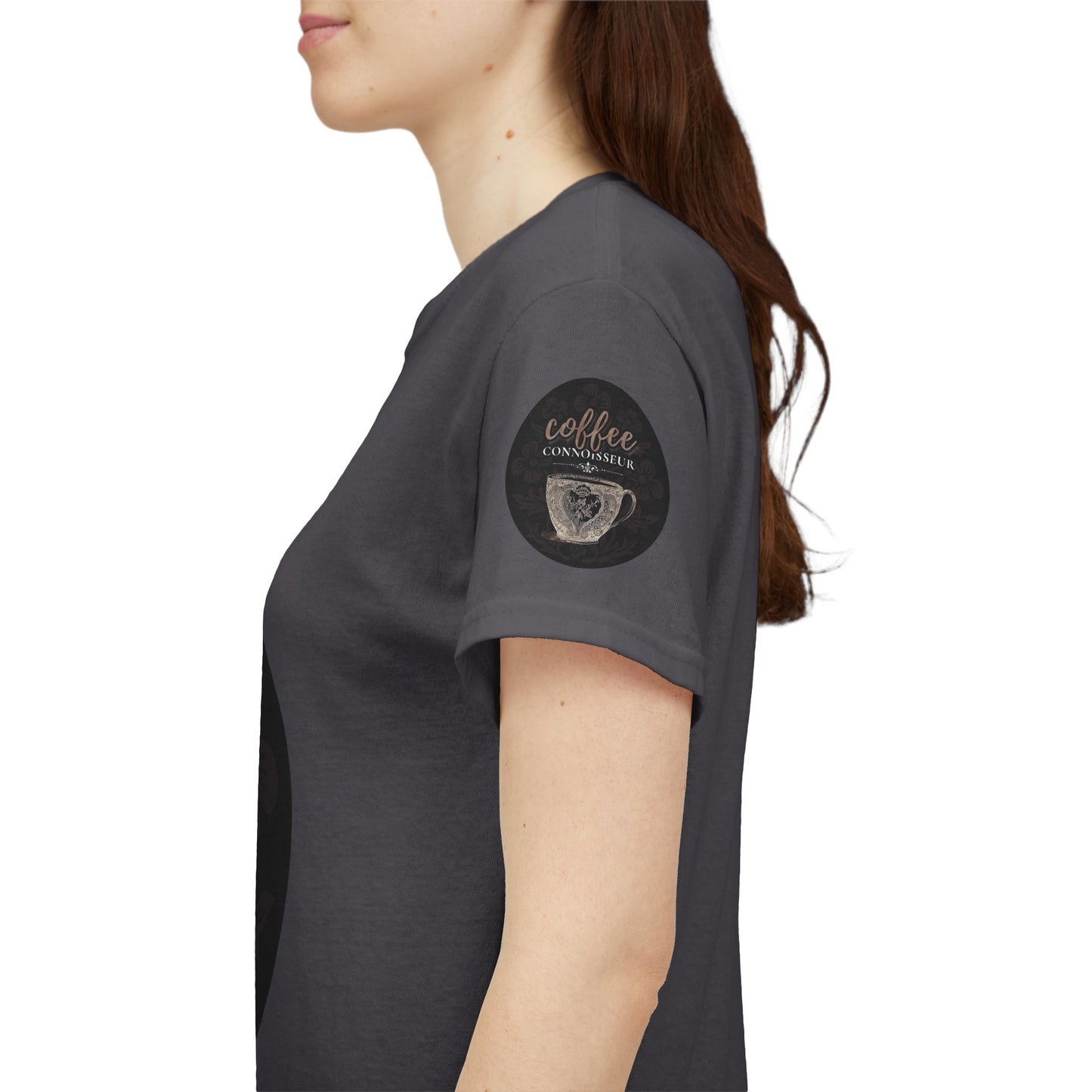 COFFEE LOVERS COTTON TEES For Connoisseurs, Person wearing a dark gray t-shirt with a circular design on the sleeve.