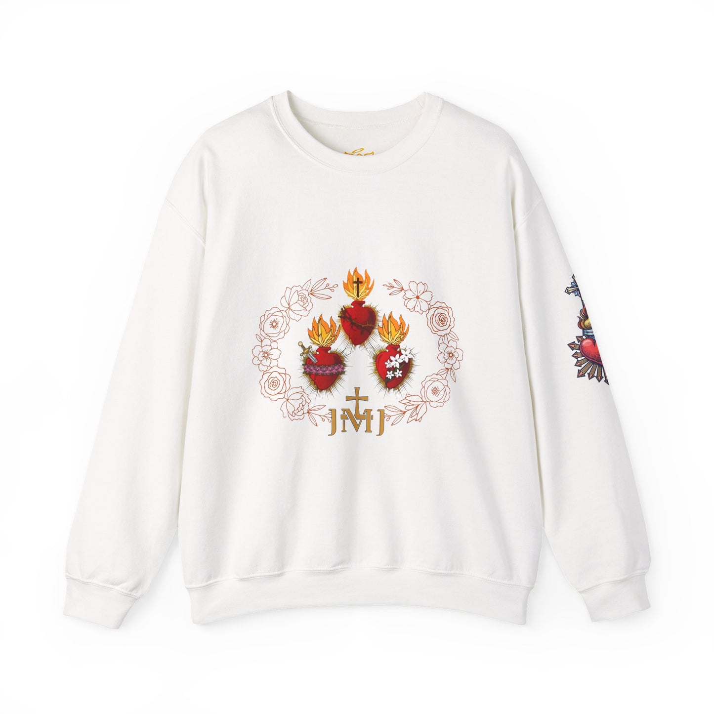 Sacred Hearts Crewneck Sweatshirt — Three Flaming Hearts with JMJ Cross (CT)
