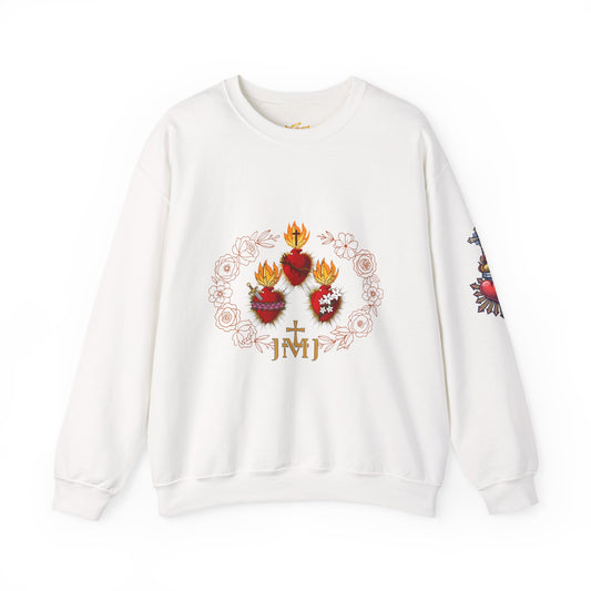 Sacred Hearts Crewneck Sweatshirt — Three Flaming Hearts with JMJ Cross (CT)