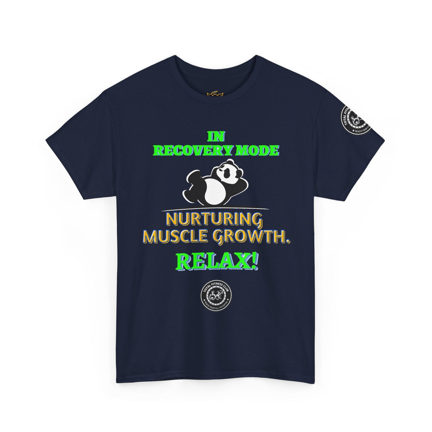 Fitness Funny Quotes T-shirt - Relax for Muscle Growth. Navy blue t-shirt with humorous text and panda graphic on a white background