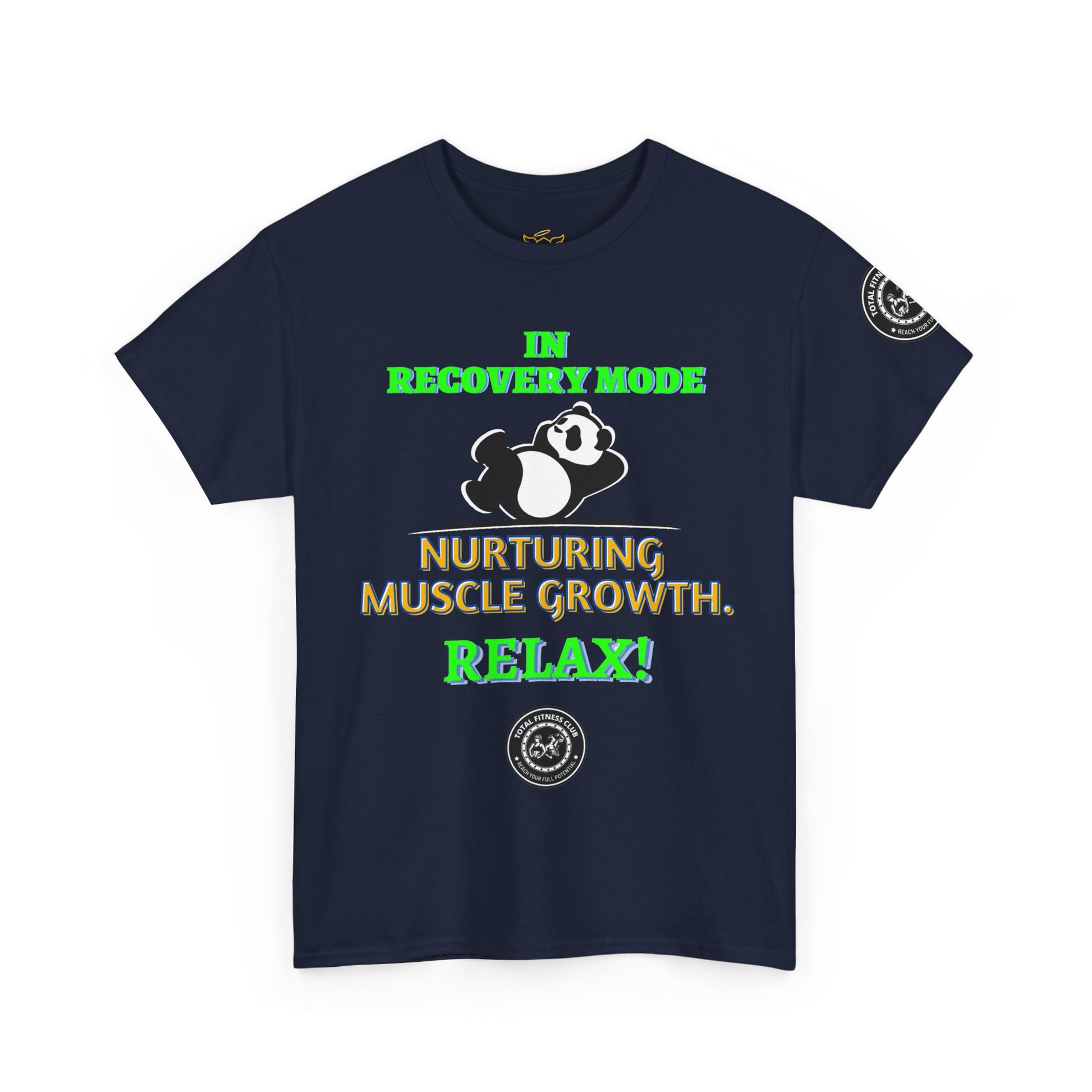Fitness Funny Quotes T-shirt - Relax for Muscle Growth. Navy blue t-shirt with humorous text and panda graphic on a white background