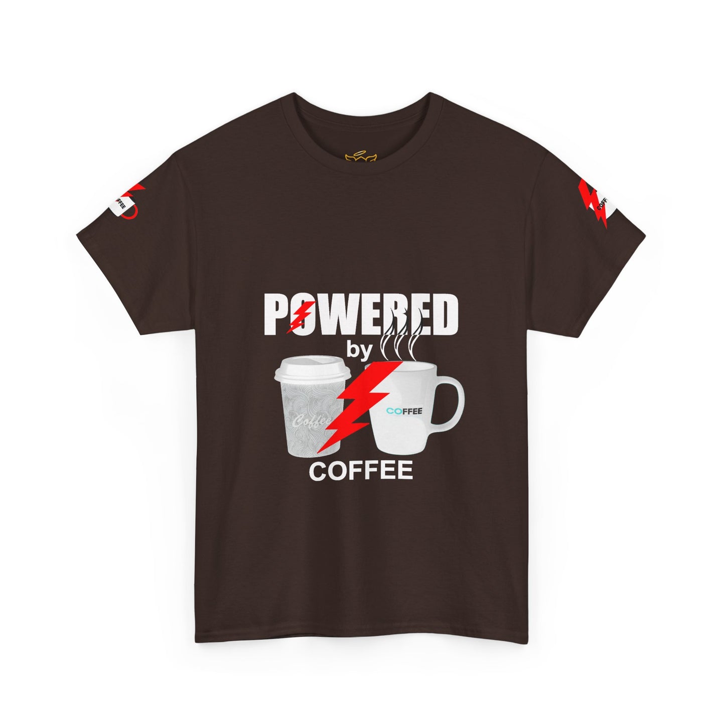 Coffee Lovers Cotton T-shirt - Powered by Coffee. Brown t-shirt with 'Powered by Coffee' graphic design on a white background