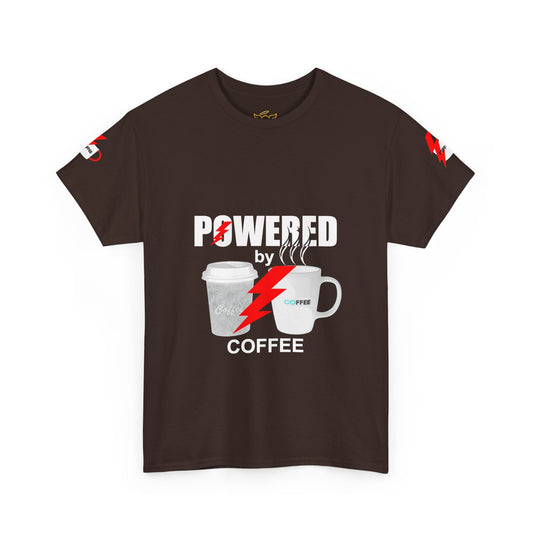 Coffee Lovers Cotton T-shirt - Powered by Coffee. Brown t-shirt with 'Powered by Coffee' graphic design on a white background