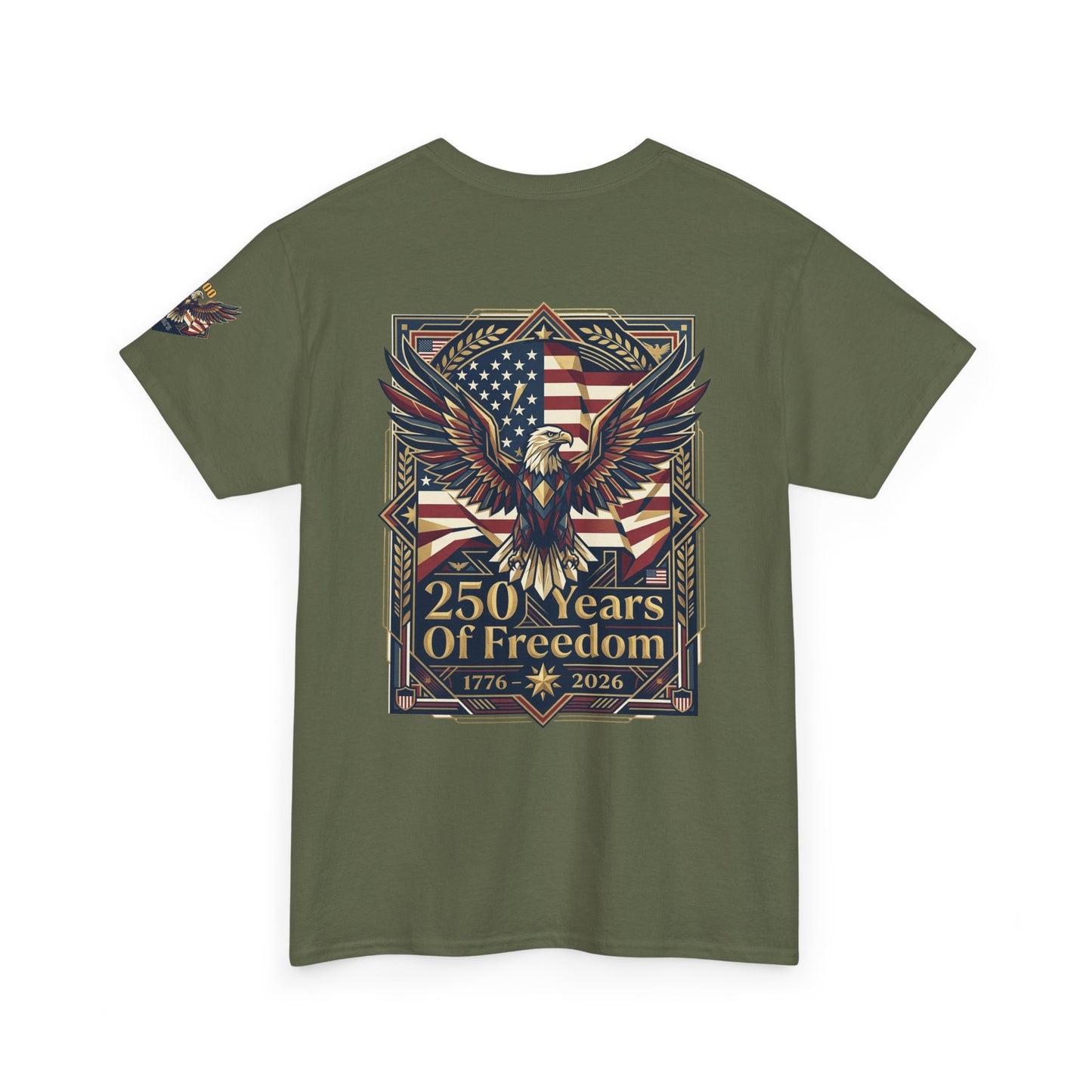 250 Years of Freedom Eagle T-Shirt, Green t-shirt with eagle and American flag design on a white background