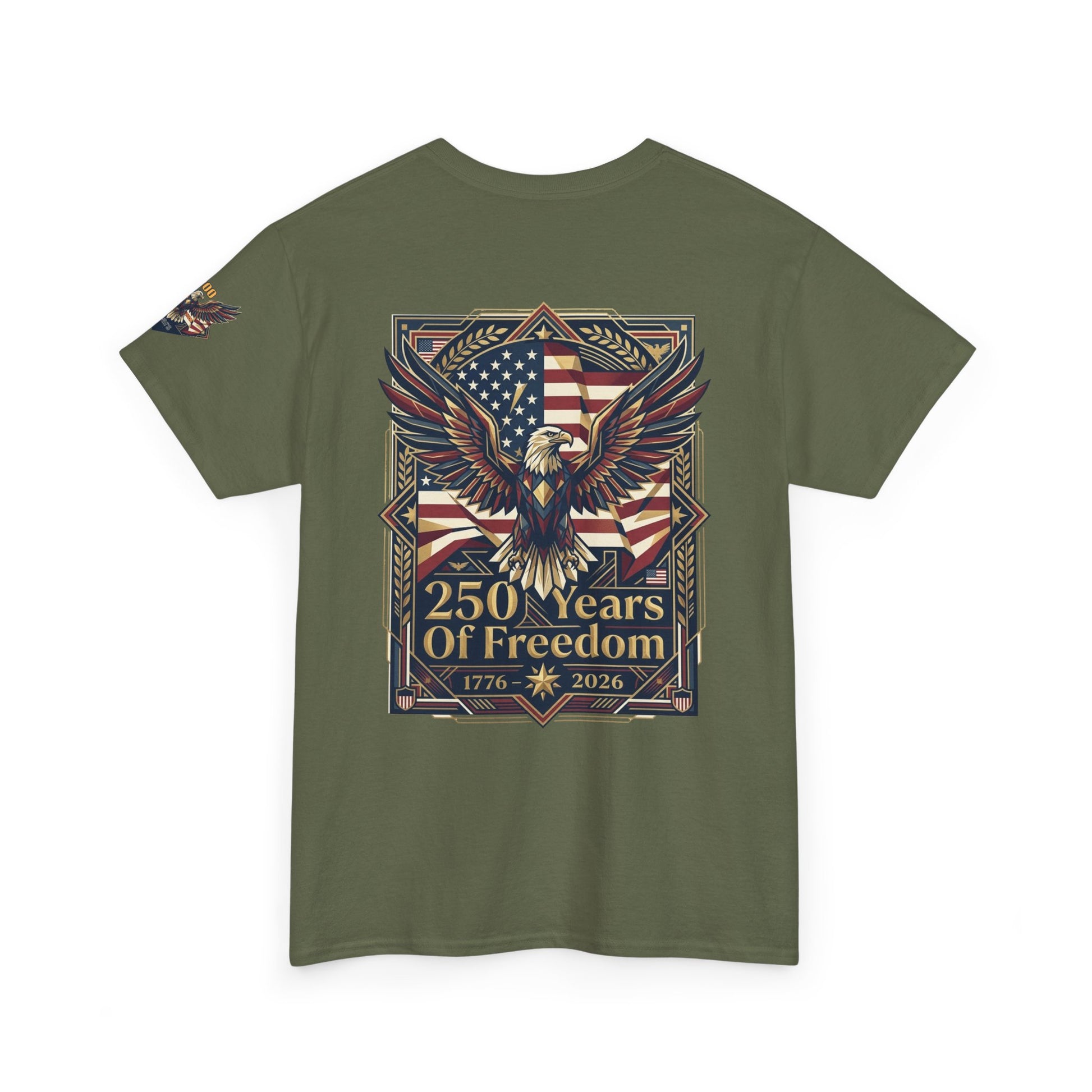 250 Years of Freedom Eagle T-Shirt, Green t-shirt with eagle and American flag design on a white background