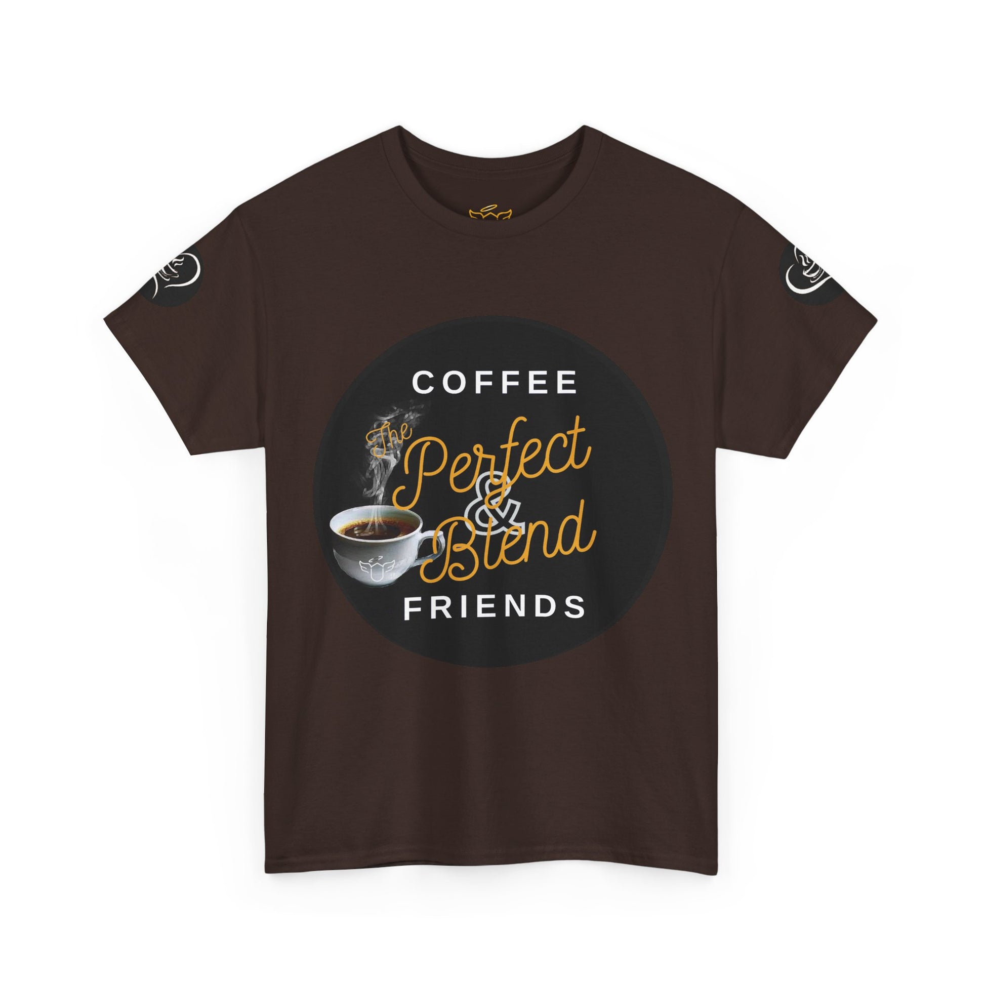Coffee Lovers Cotton T-shirt, Brown t-shirt with coffee-themed graphic and text on a white background