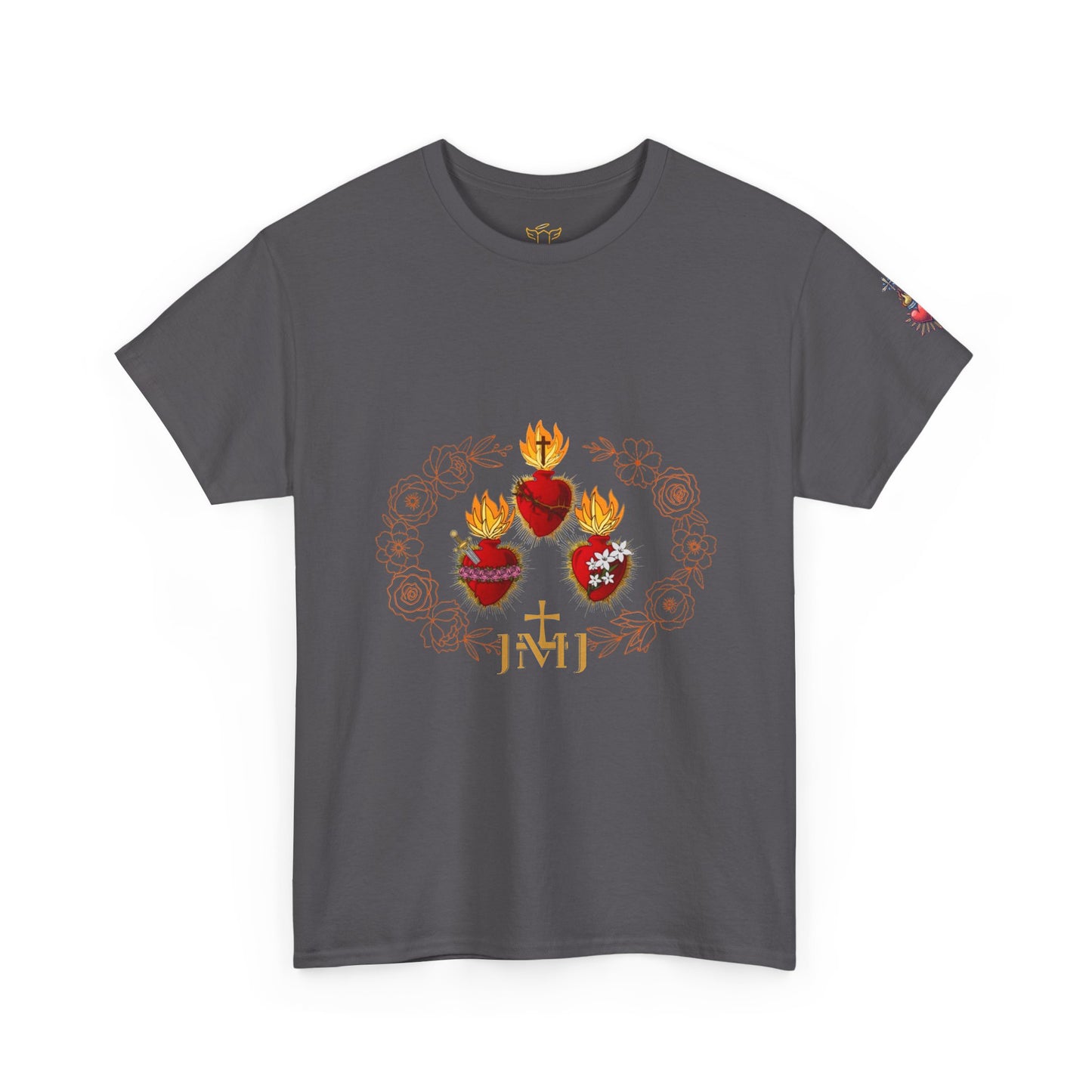 Sacred Hearts Tee — Three Flaming Hearts with JMJ Cross (CT)