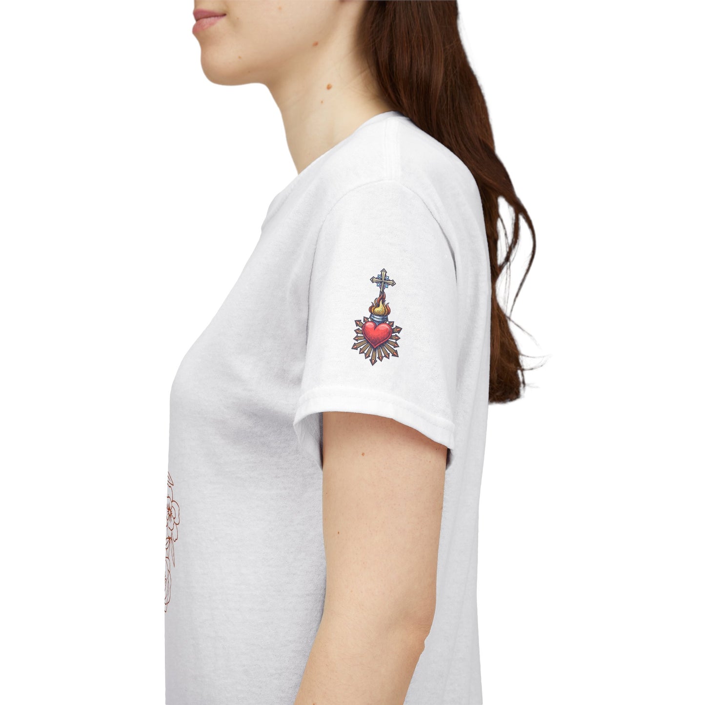 Sacred Hearts Tee — Three Flaming Hearts with JMJ Cross (CT)