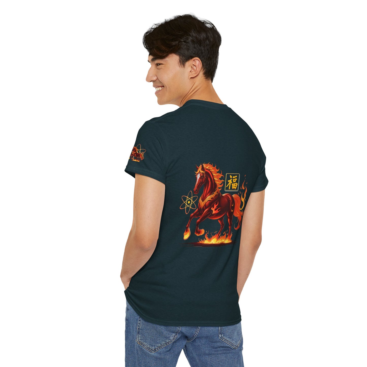 Lunar New Year Fiery Horse Novelty T-Shirt, Person wearing a black t-shirt with a fiery horse design on the back, standing against a white background.
