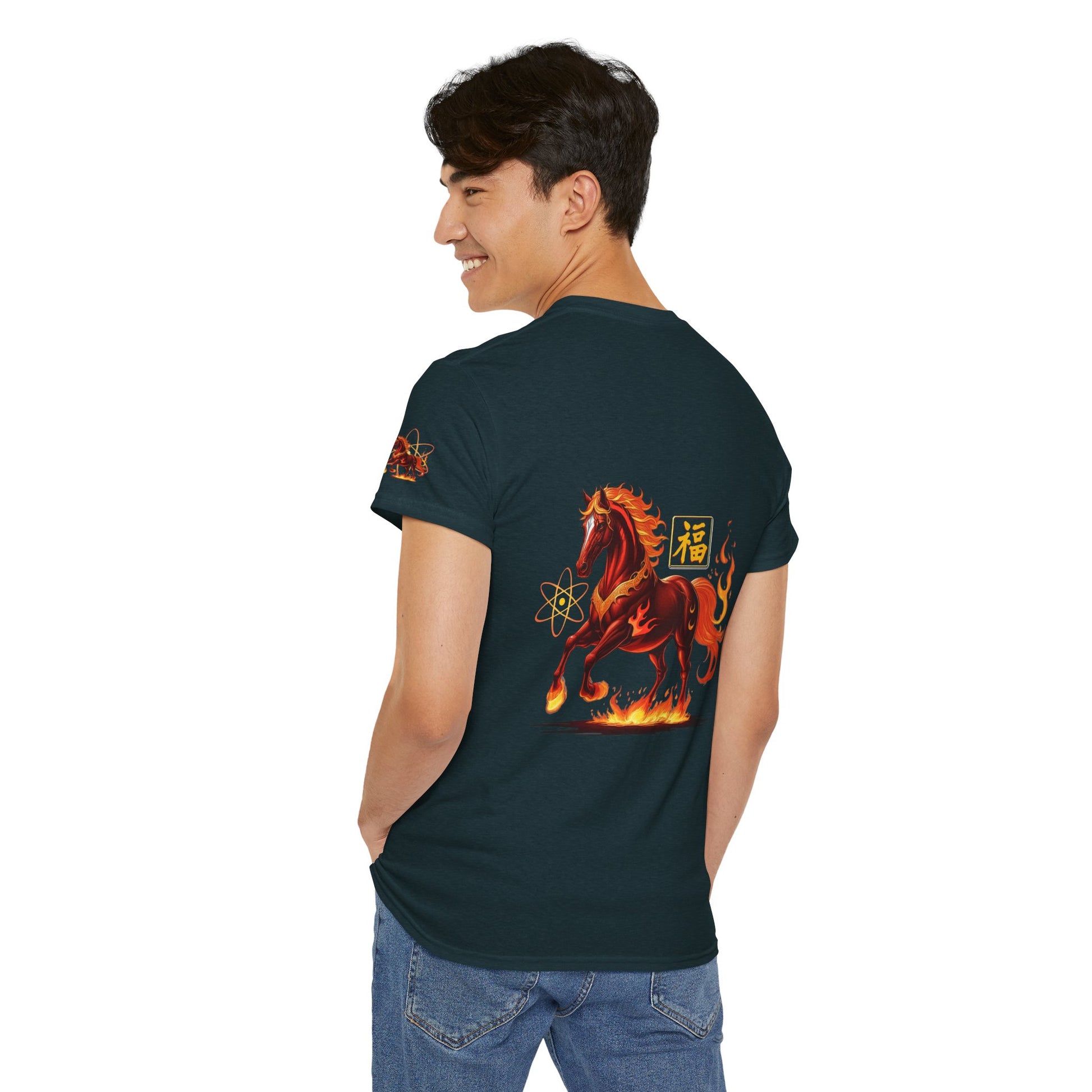 Lunar New Year Fiery Horse Novelty T-Shirt, Person wearing a black t-shirt with a fiery horse design on the back, standing against a white background.