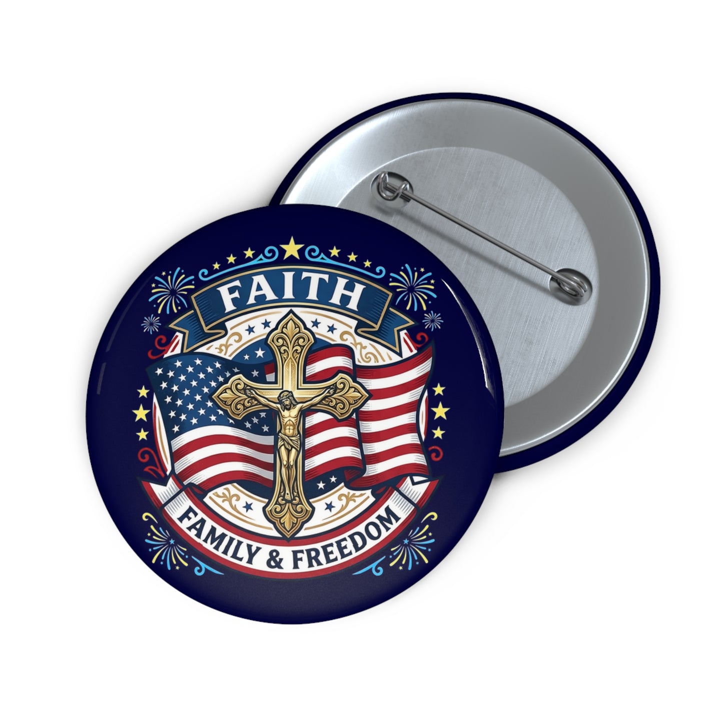 Faith, Family & Freedom Pin Button — Catholic Patriotic Cross Flag Badge (USA 250th)