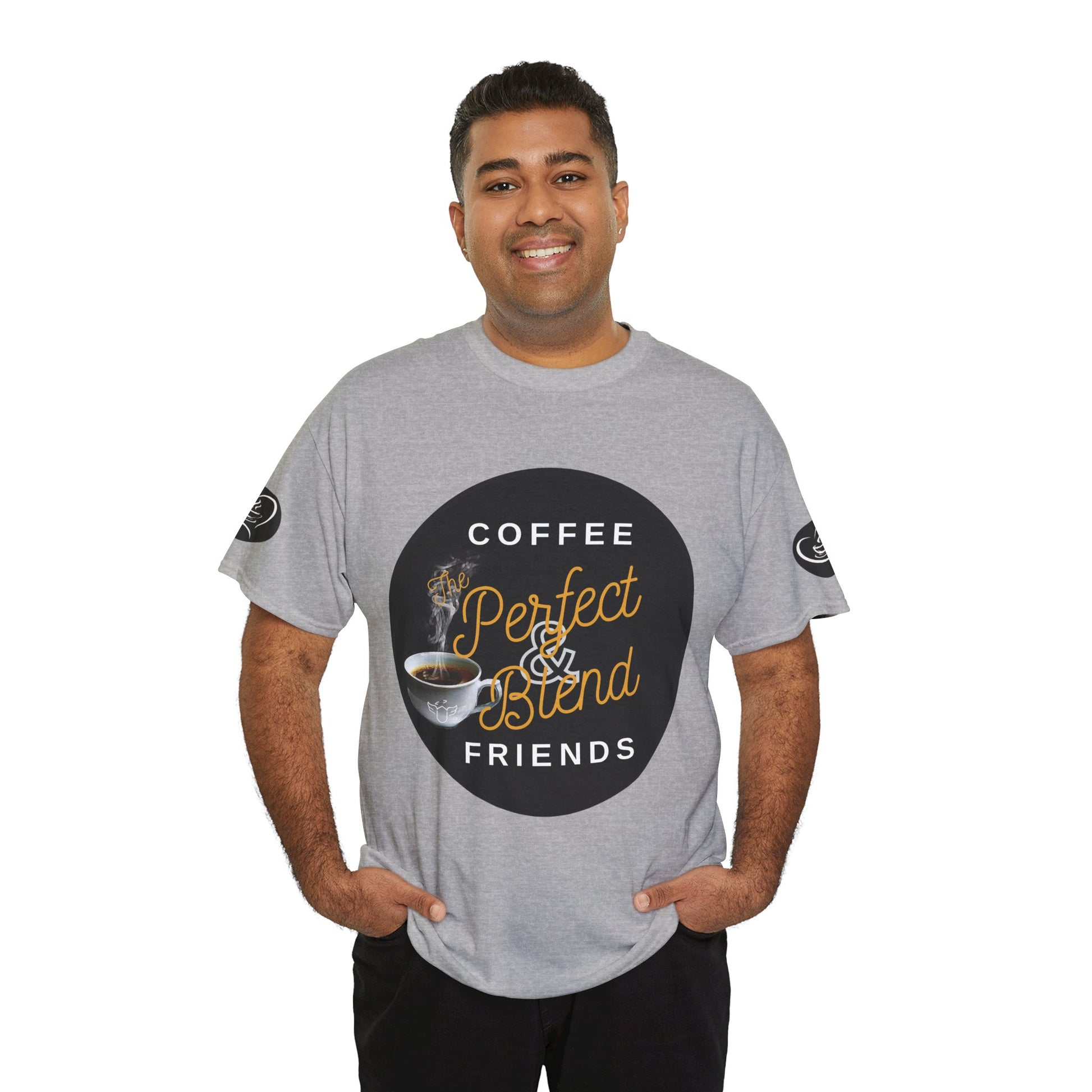 Coffee Lovers Cotton T-shirt, Man wearing a gray t-shirt with a coffee-themed design on a white background