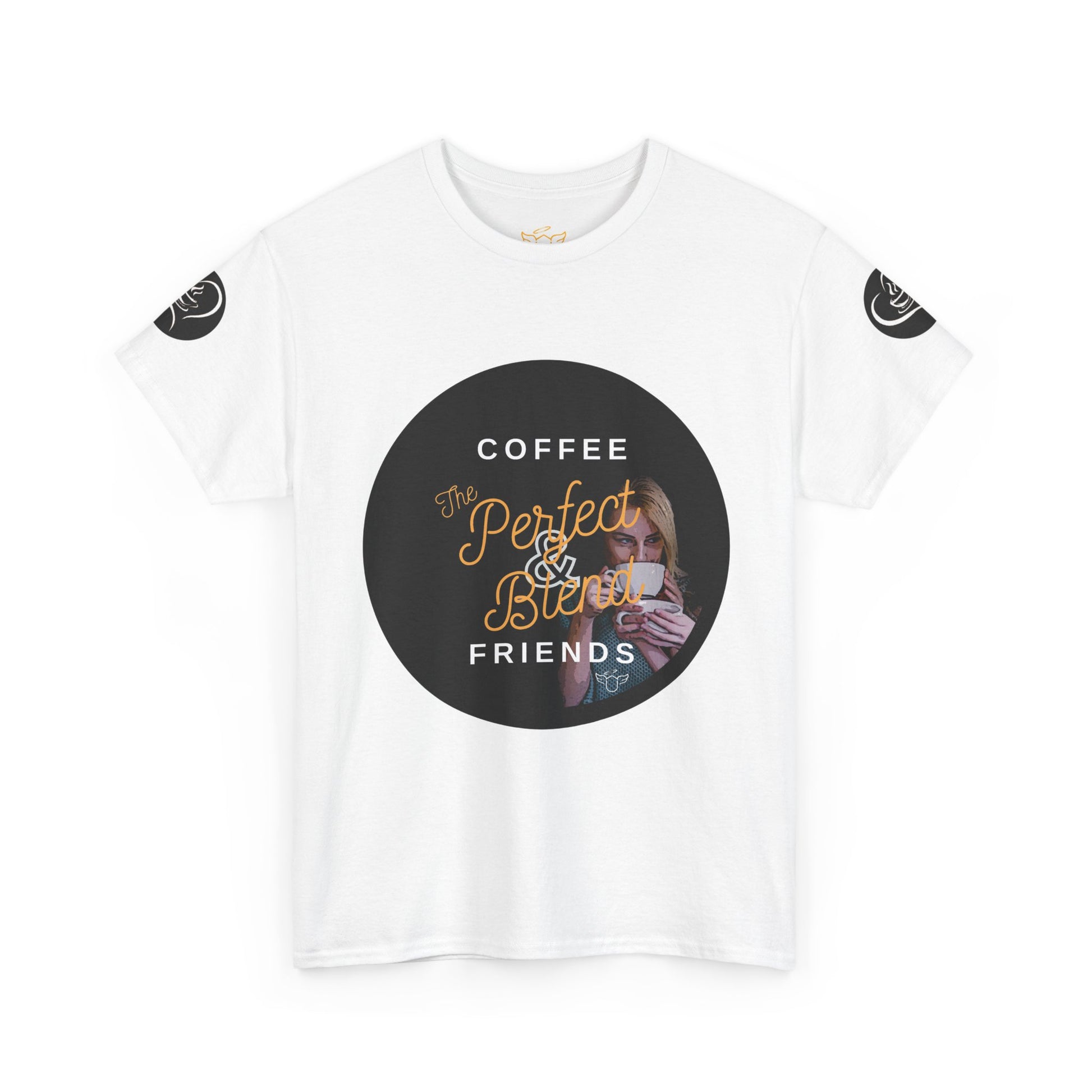 Coffee Lovers Ladies Tee - COFFEE and FRIENDS the Perfect Blend, White t-shirt with a graphic design featuring text and a person holding a coffee cup on a white background.
