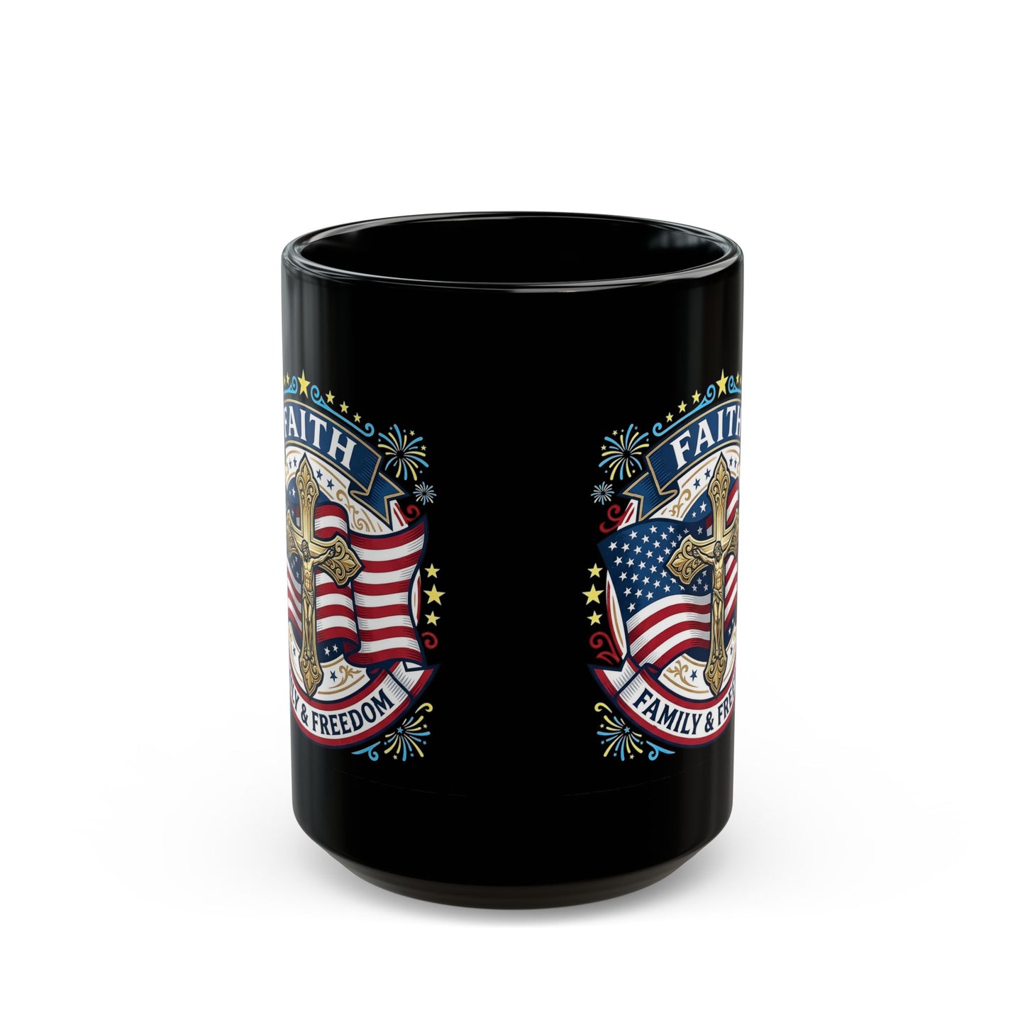 Faith, Family & Freedom Black Mug — American Flag Cross Ceramic Coffee Cup (USA 250th)