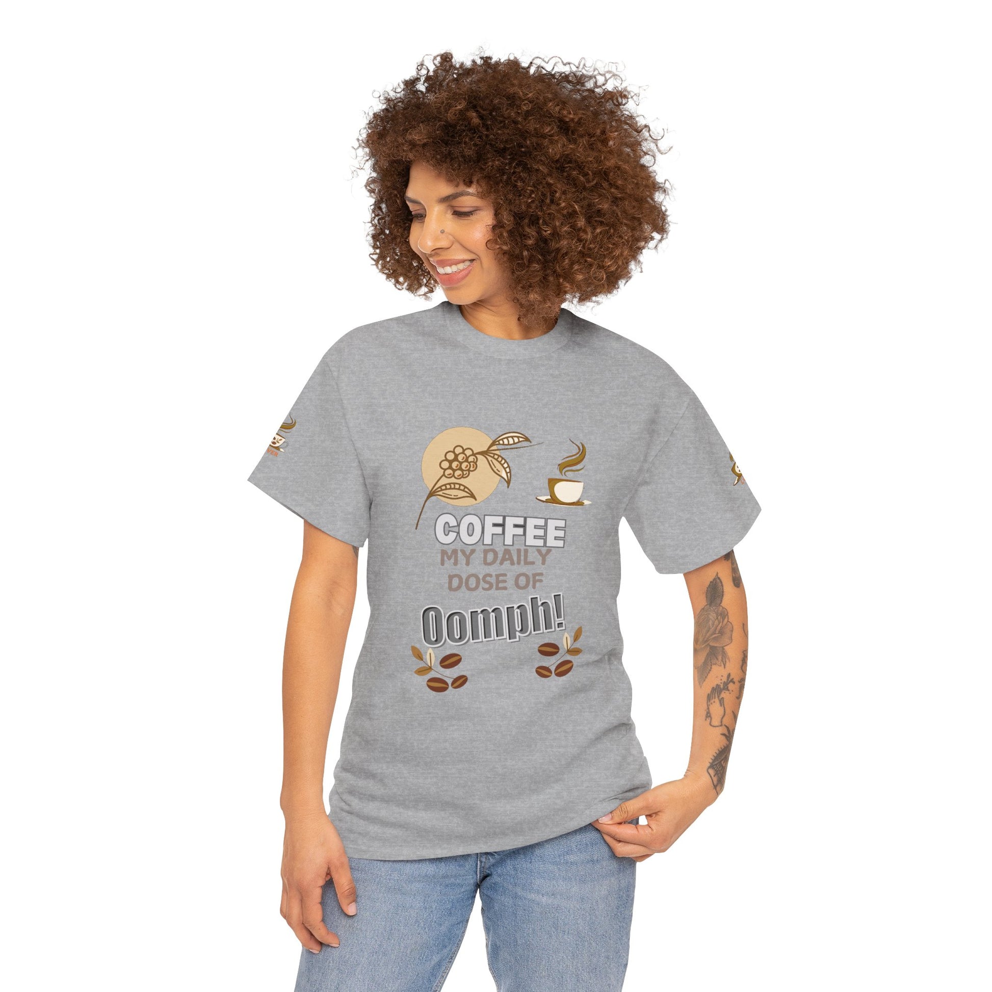 Coffee Lover's Heavy Cotton Unisex T-shirt, Woman wearing a gray t-shirt with coffee-themed design and text.