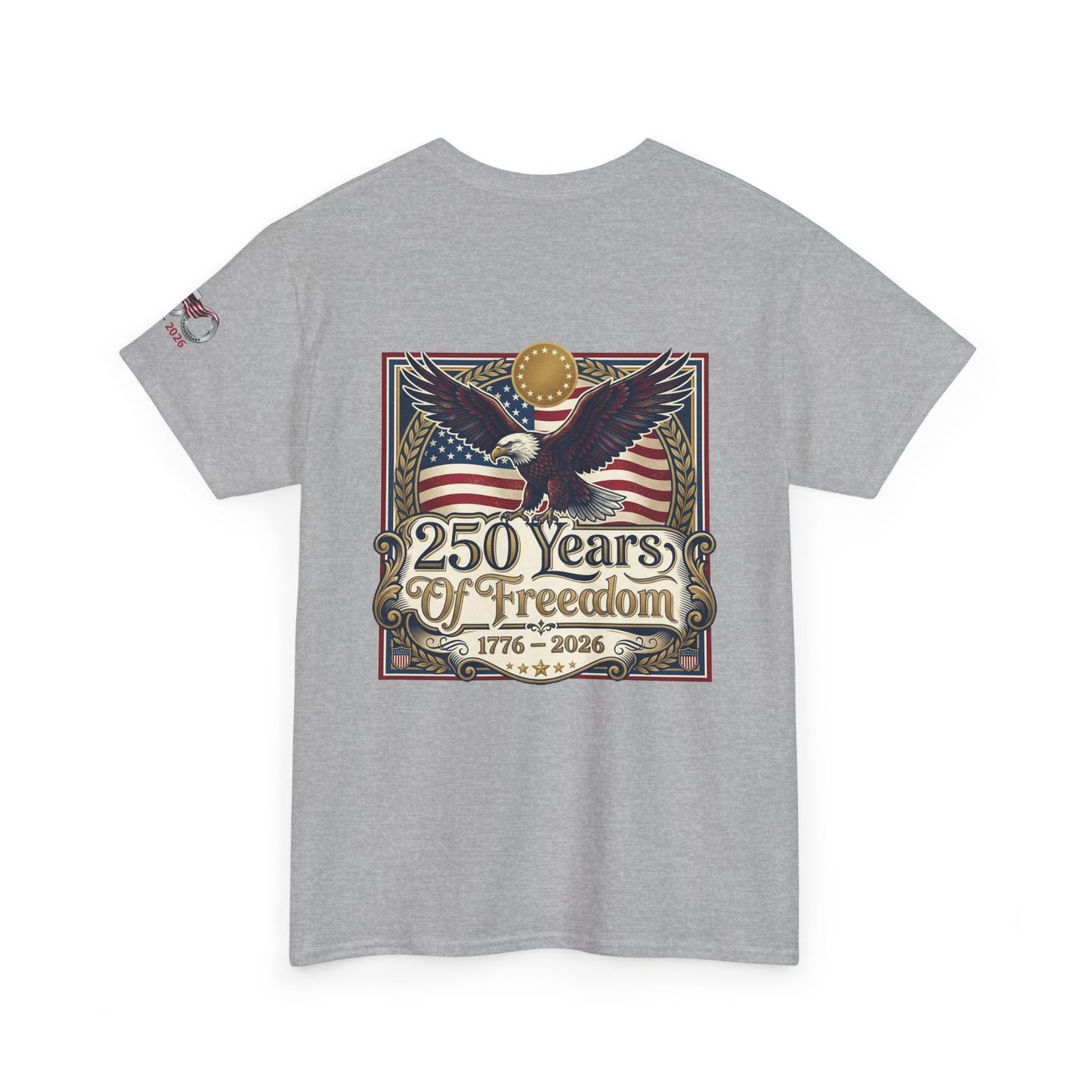 250 Years of Freedom T-Shirt — USA 250TH Anniversary Patriotic Eagle Tee, Gray t-shirt with an eagle and American flag design celebrating 250 years of freedom on a white background.