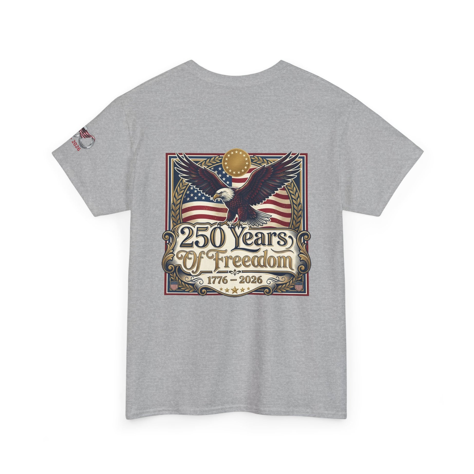 250 Years of Freedom T-Shirt — USA 250TH Anniversary Patriotic Eagle Tee, Gray t-shirt with an eagle and American flag design celebrating 250 years of freedom on a white background.