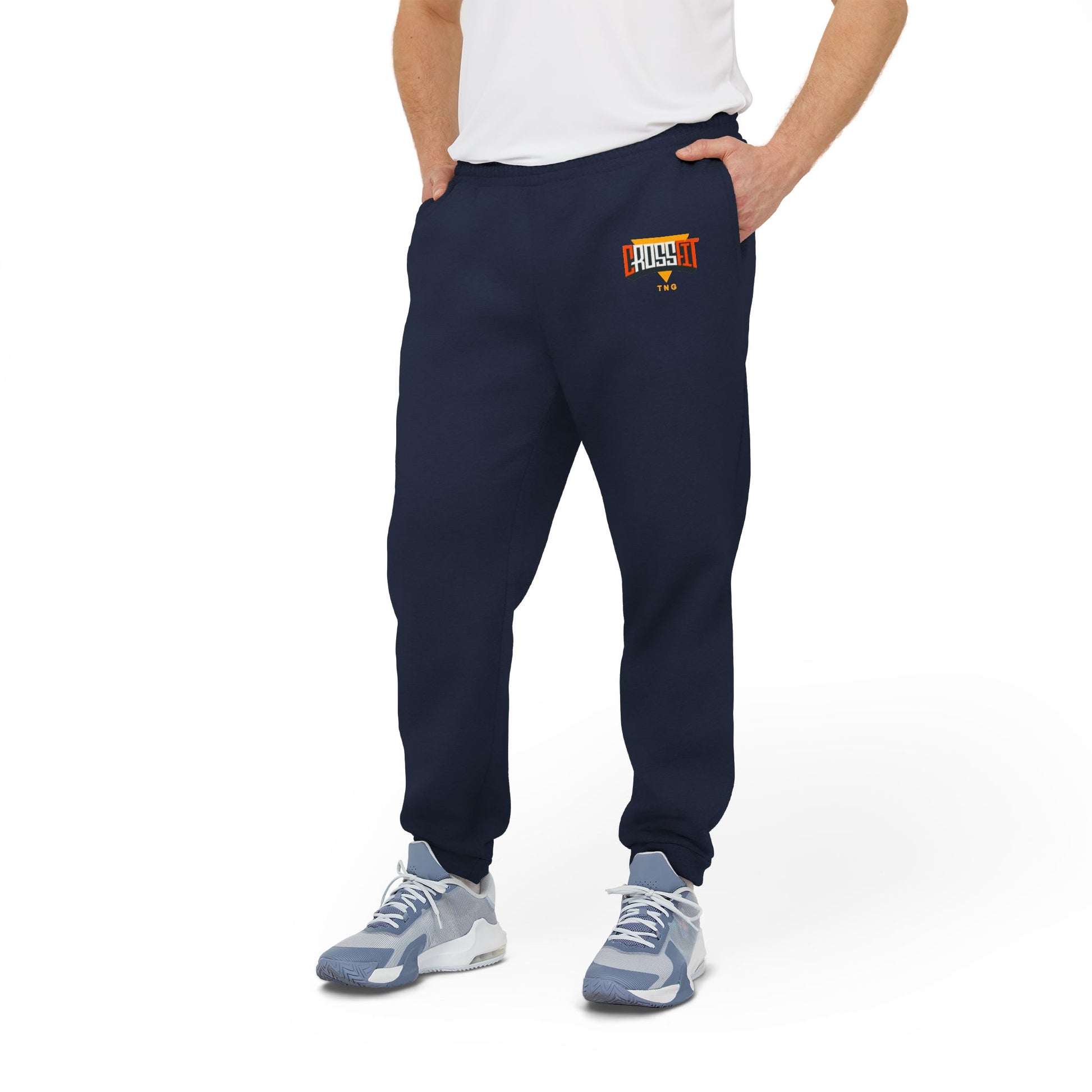 Adidas Sports Fleece Joggers for CrossFit Enthusiasts, Navy sweatpants with a logo worn by a person on a white background