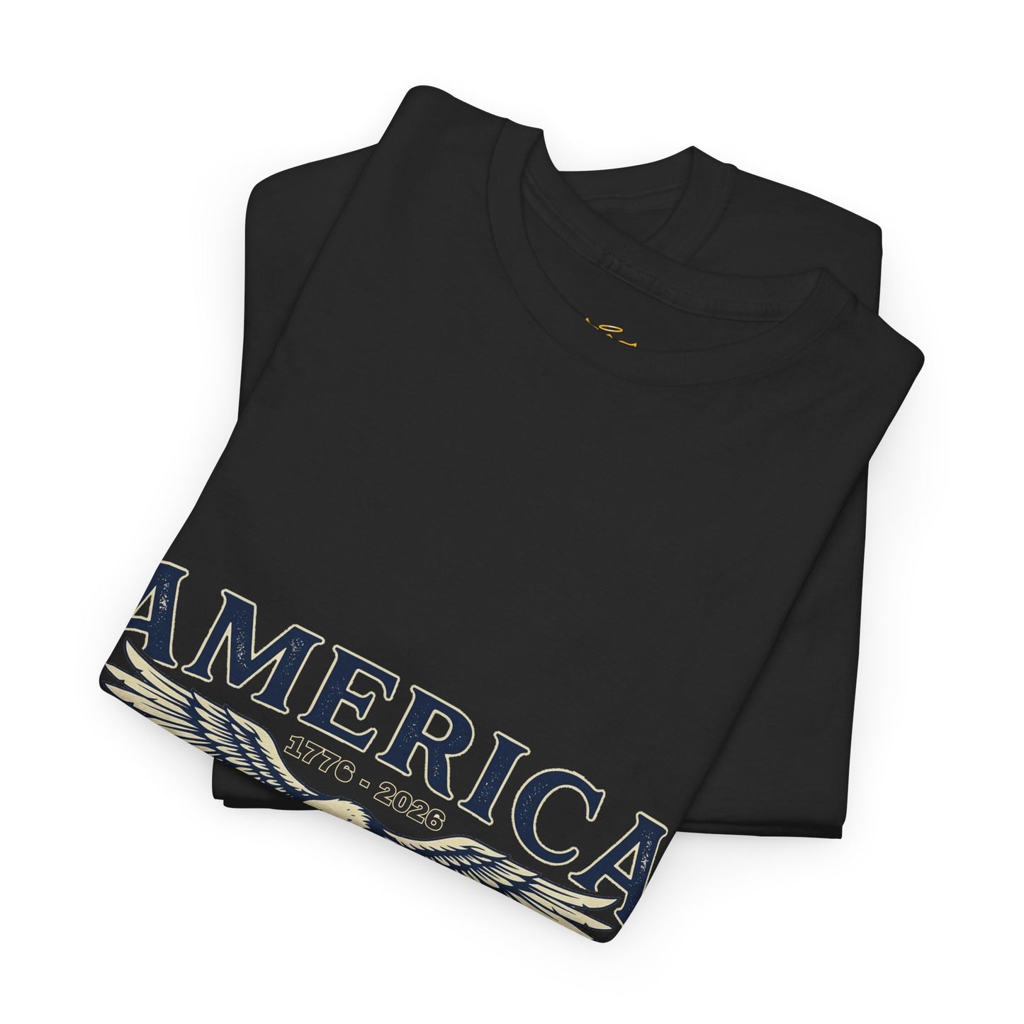 America 250 Years of Freedom T-Shirt — USA 250th ANNIVERSARY T-shirt, Folded black t-shirt with 'AMERICA' and year print on a white background