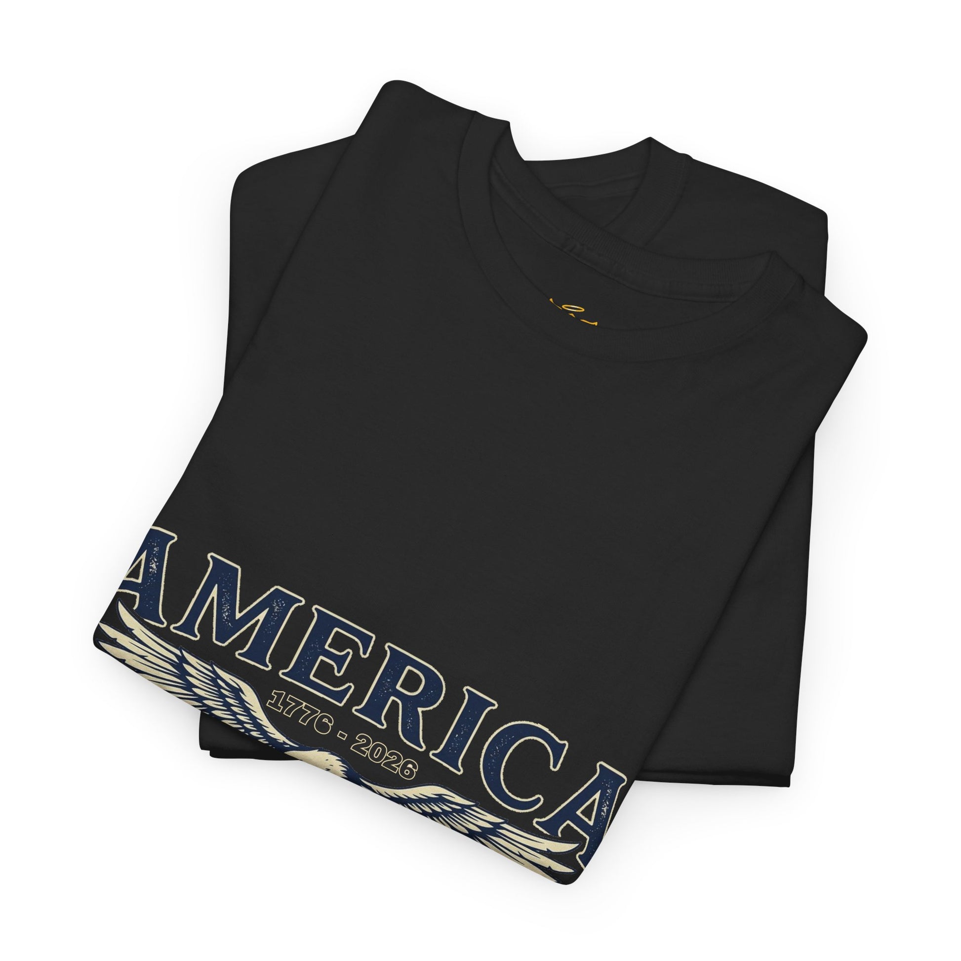 America 250 Years of Freedom T-Shirt — USA 250th ANNIVERSARY T-shirt, Folded black t-shirt with 'AMERICA' and year print on a white background