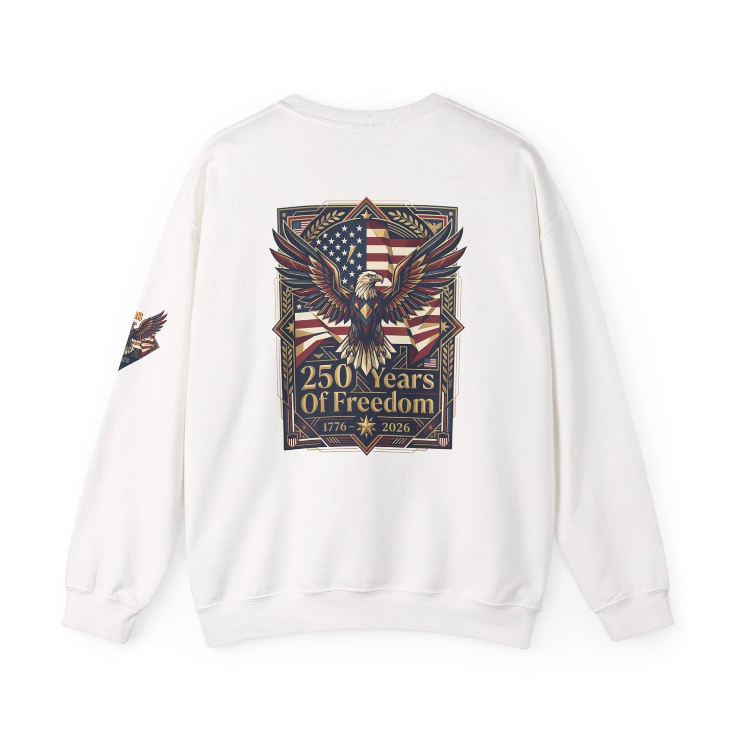 USA 250th ANNIVERSARY Crewneck Sweatshirt , White sweatshirt with eagle and American flag design on a white background