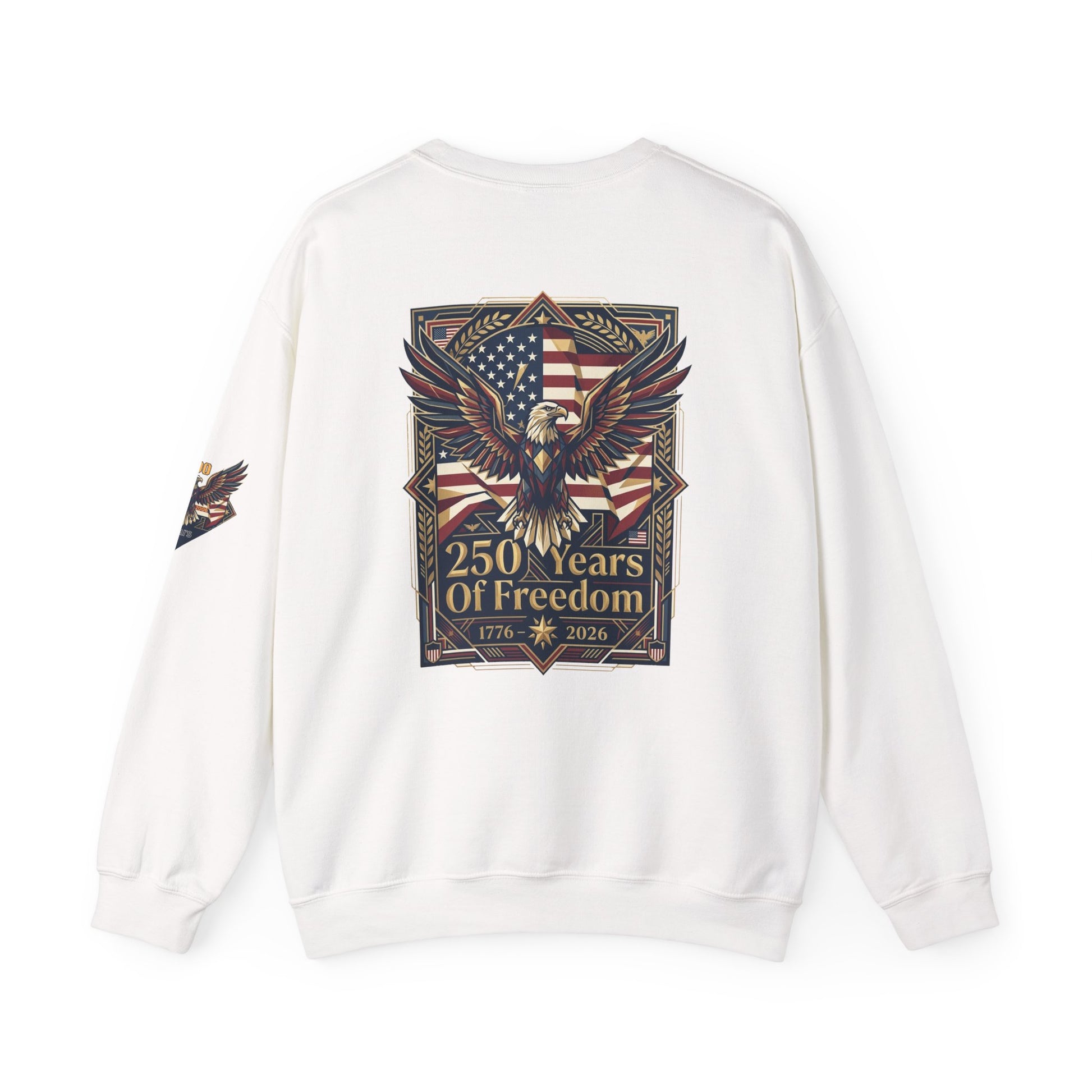 USA 250th ANNIVERSARY Crewneck Sweatshirt , White sweatshirt with eagle and American flag design on a white background