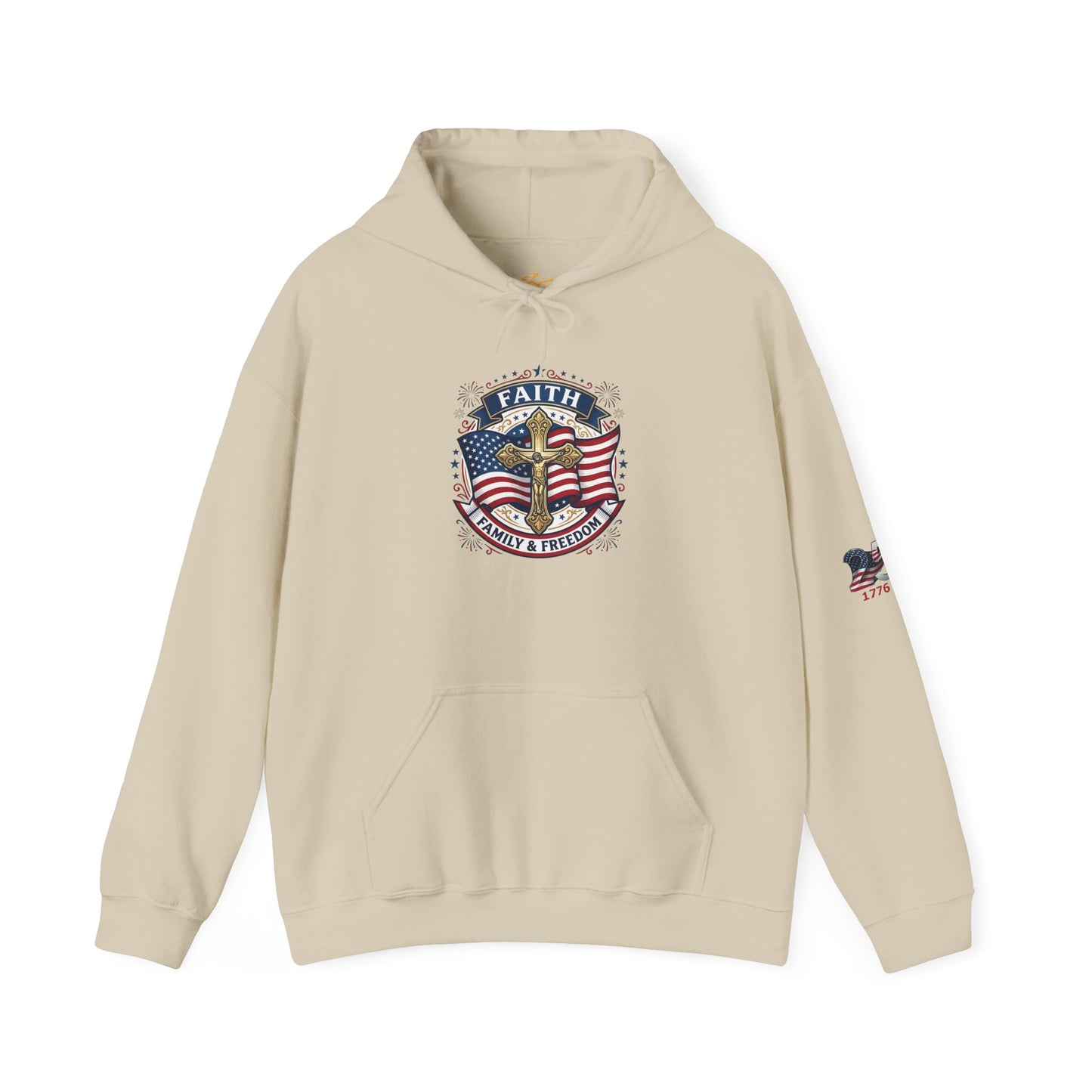Catholic Faith, Family & Freedom Hoodie - Patriotic American Flag Cross Pullover (USA 250th)