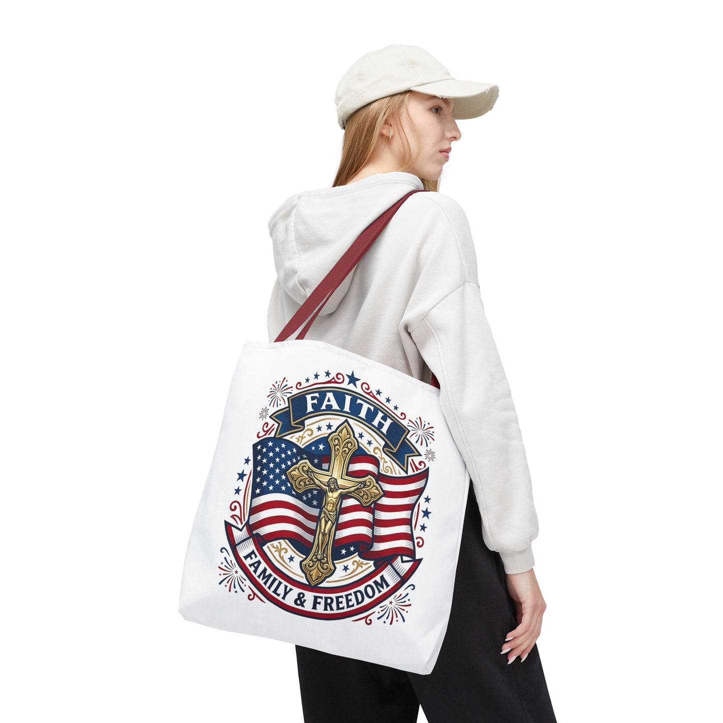 Faith, Family & Freedom Tote Bag — Patriotic Cross American Flag Tote (USA 250th)