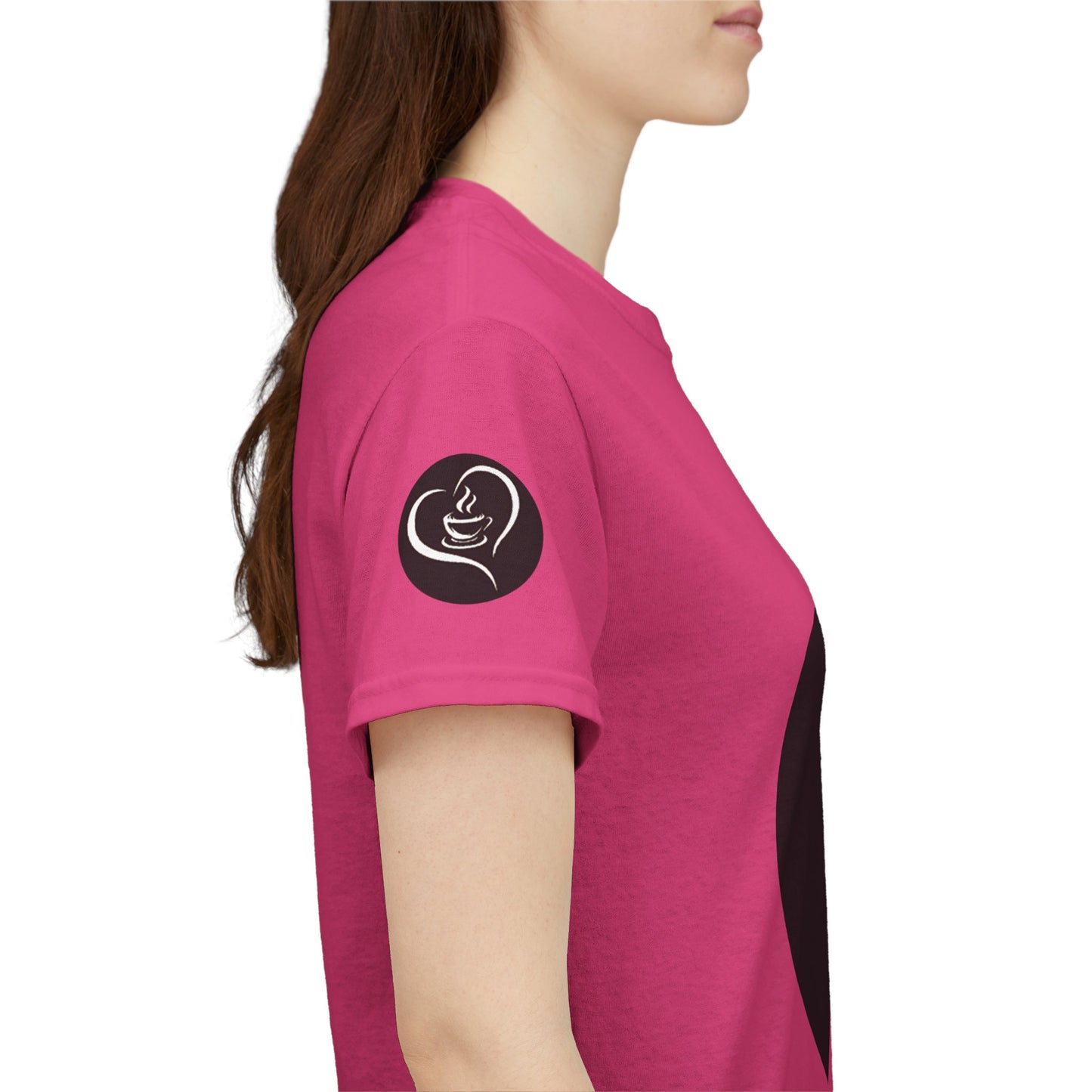 Coffee Lovers Ladies Tee - COFFEE and FRIENDS the Perfect Blend, Person wearing a pink t-shirt with a black logo on the sleeve against a white background