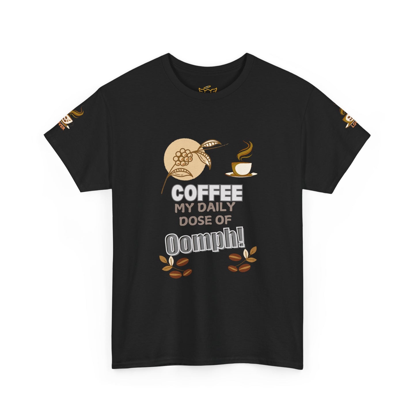Coffee Lovers Heavy Cotton Tee - My Daily Dose of Oomph! Black t-shirt with coffee-themed graphic and text on a white background