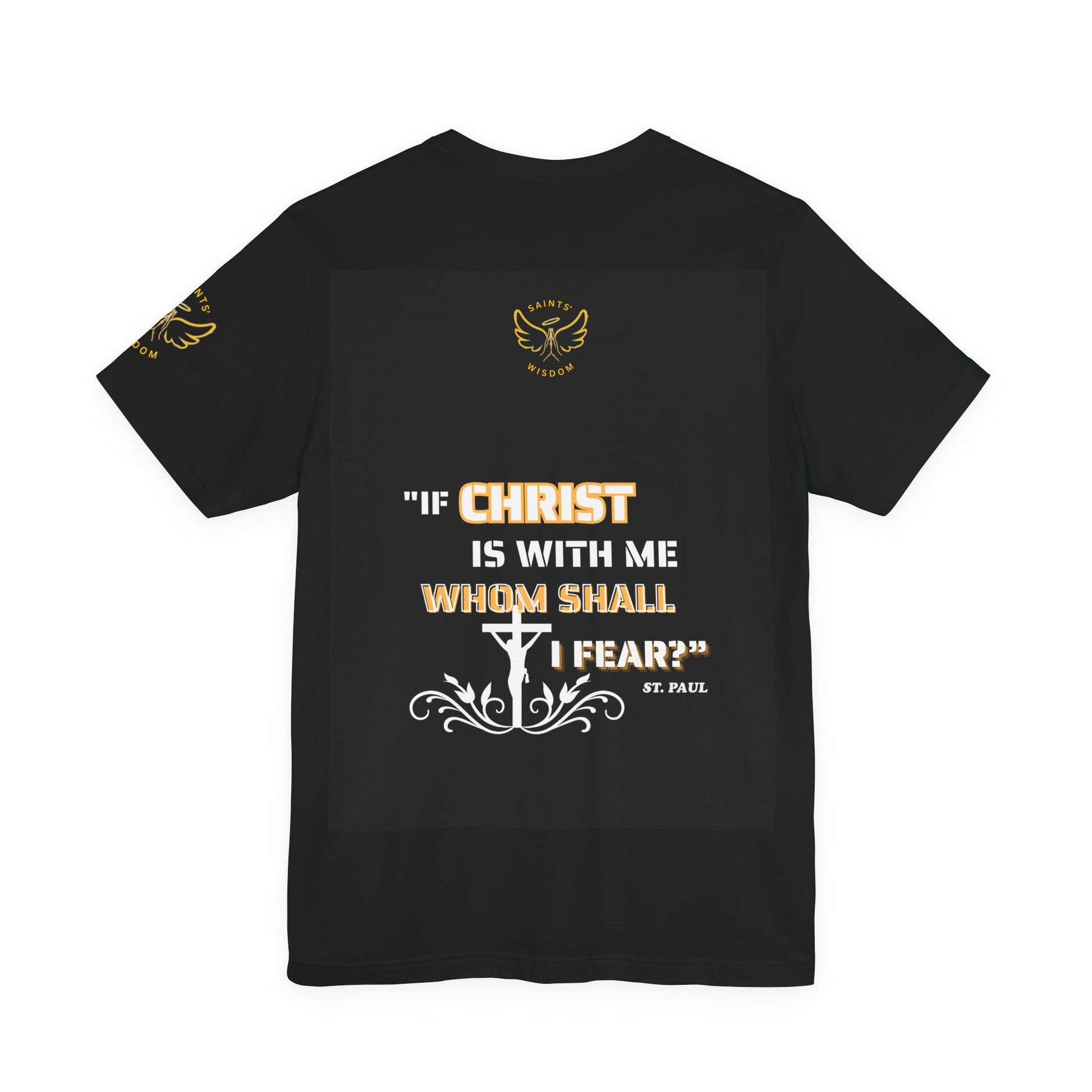 Saint Paul's Quote Tee, Black t-shirt with gold and white text and design on the back, featuring a religious quote and cross.