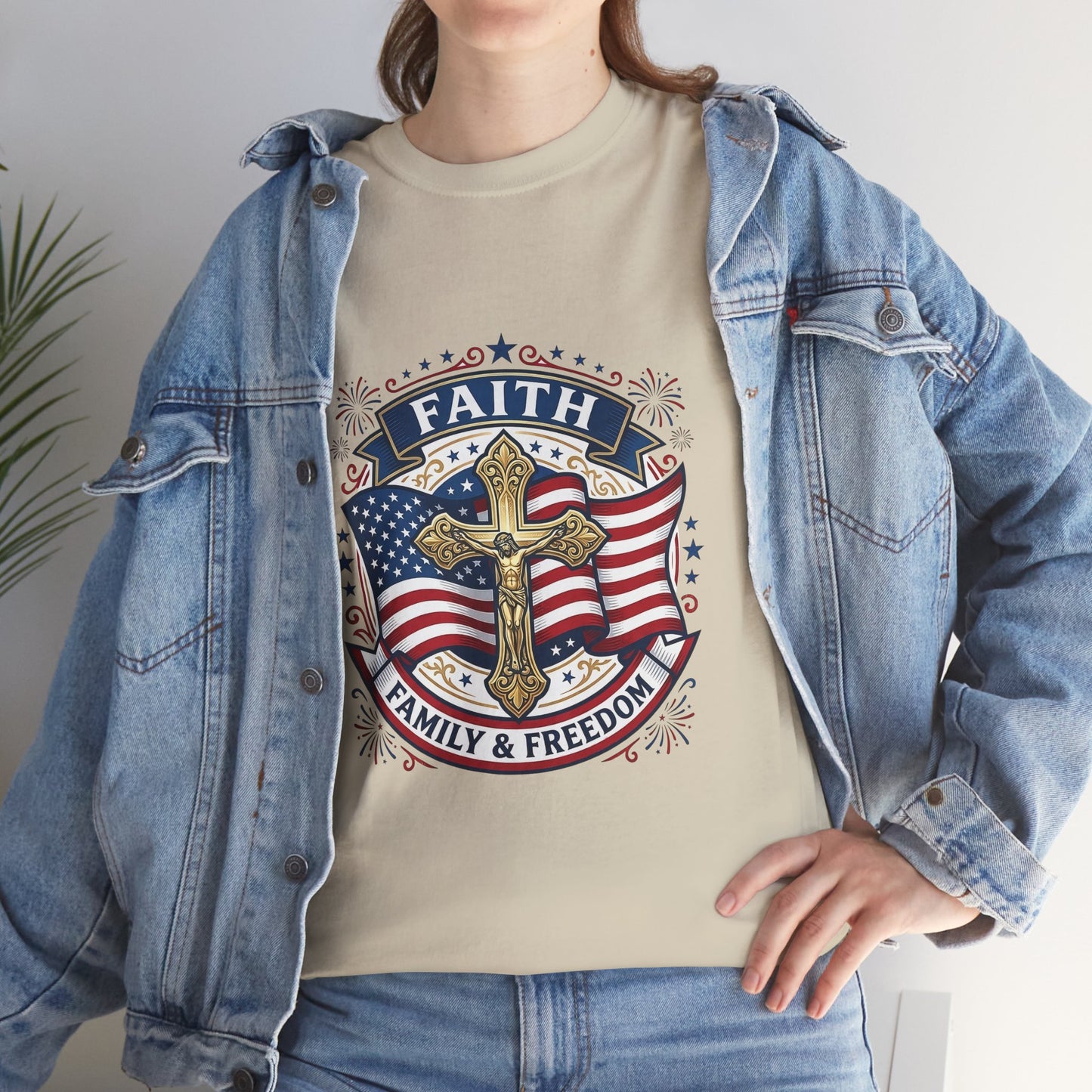 Catholic Faith, Family & Freedom T‑Shirt — Patriotic Cross American Flag Tee (USA 250th)