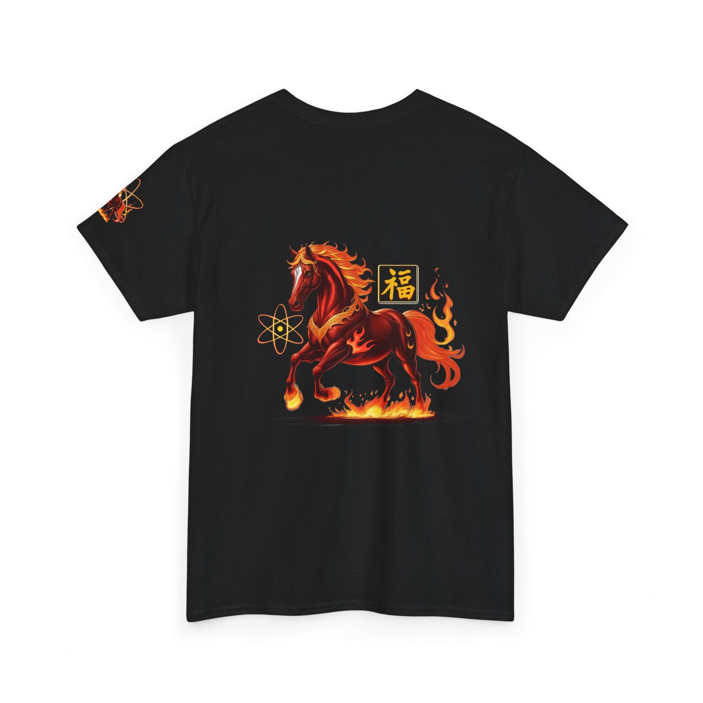 Lunar New Year Fiery Horse Novelty T-Shirt, Black t-shirt with a fiery horse design on a white background