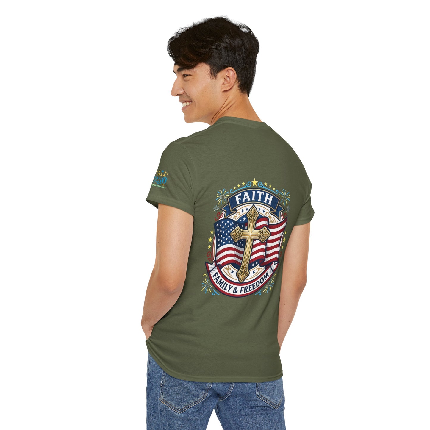 Faith, Family & Freedom T-Shirt — American Flag Cross Patriotic Tee (USA 250th)
