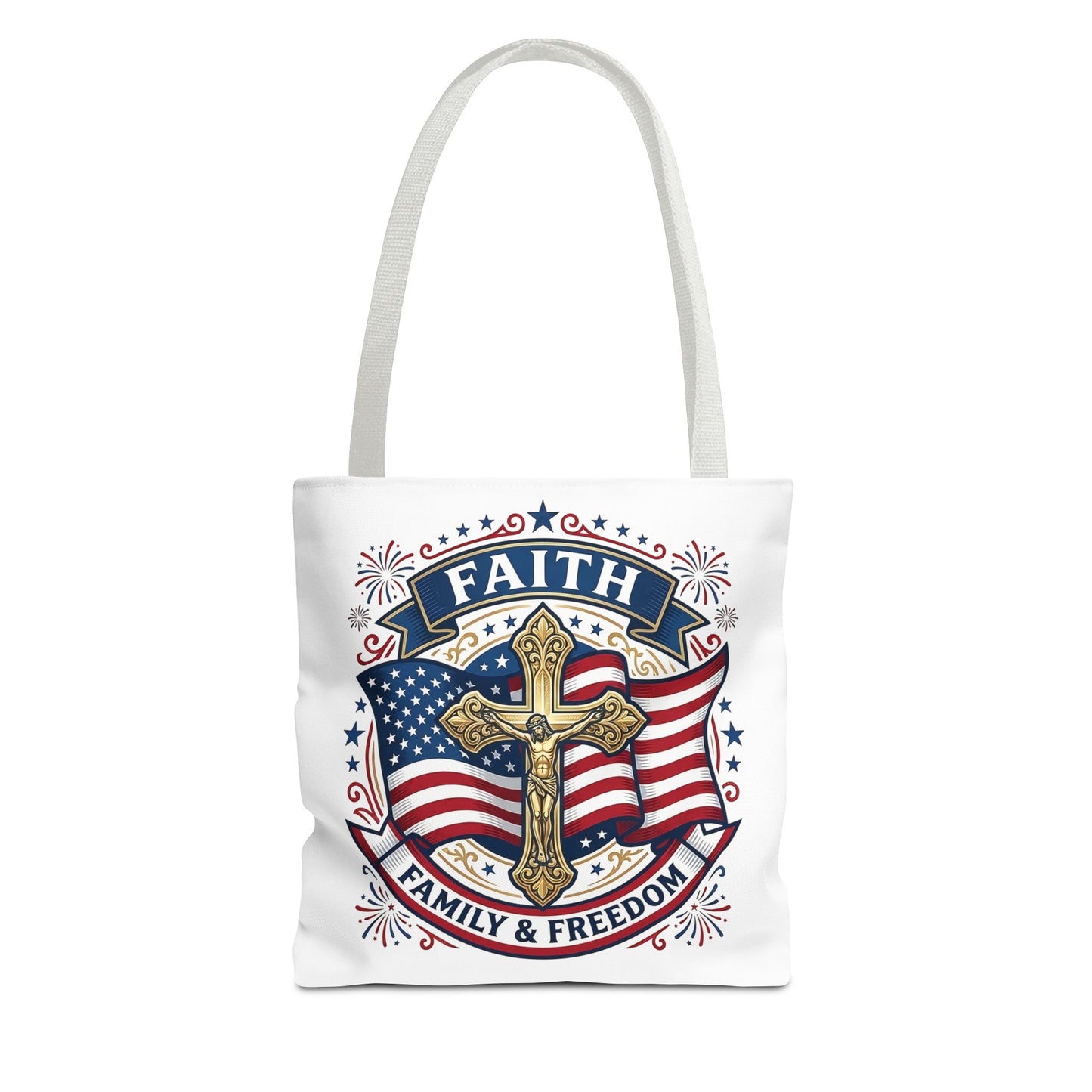 Faith, Family & Freedom Tote Bag — Patriotic Cross American Flag Tote (USA 250th)
