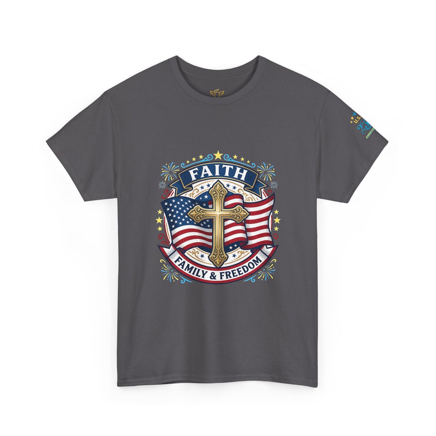 Faith, Family & Freedom T-Shirt — American Flag Cross Patriotic Tee (USA 250th)